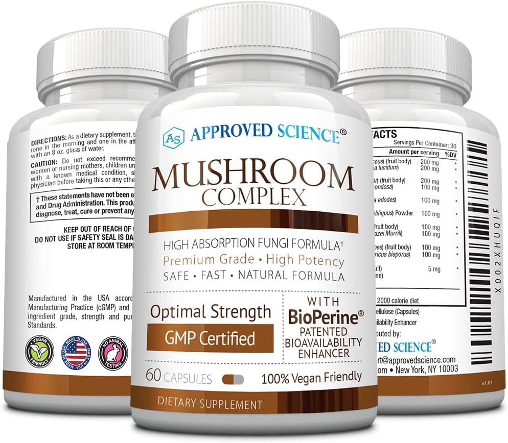 Immune and Cognitive Support Mushroom Complex with Lion’s Mane, Chaga, Reishi, Turkey Tail, Shiitake, and Oyster - 60 Vegan Capsules