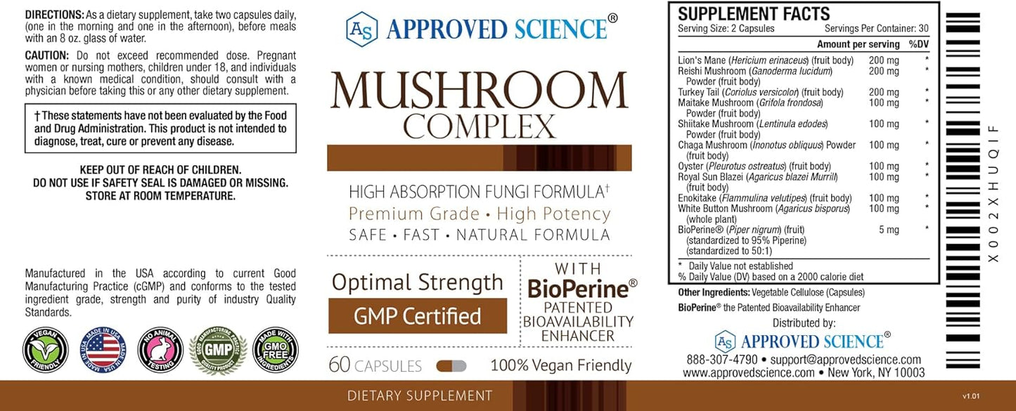 Immune and Cognitive Support Mushroom Complex with Lion’s Mane, Chaga, Reishi, Turkey Tail, Shiitake, and Oyster - 60 Vegan Capsules