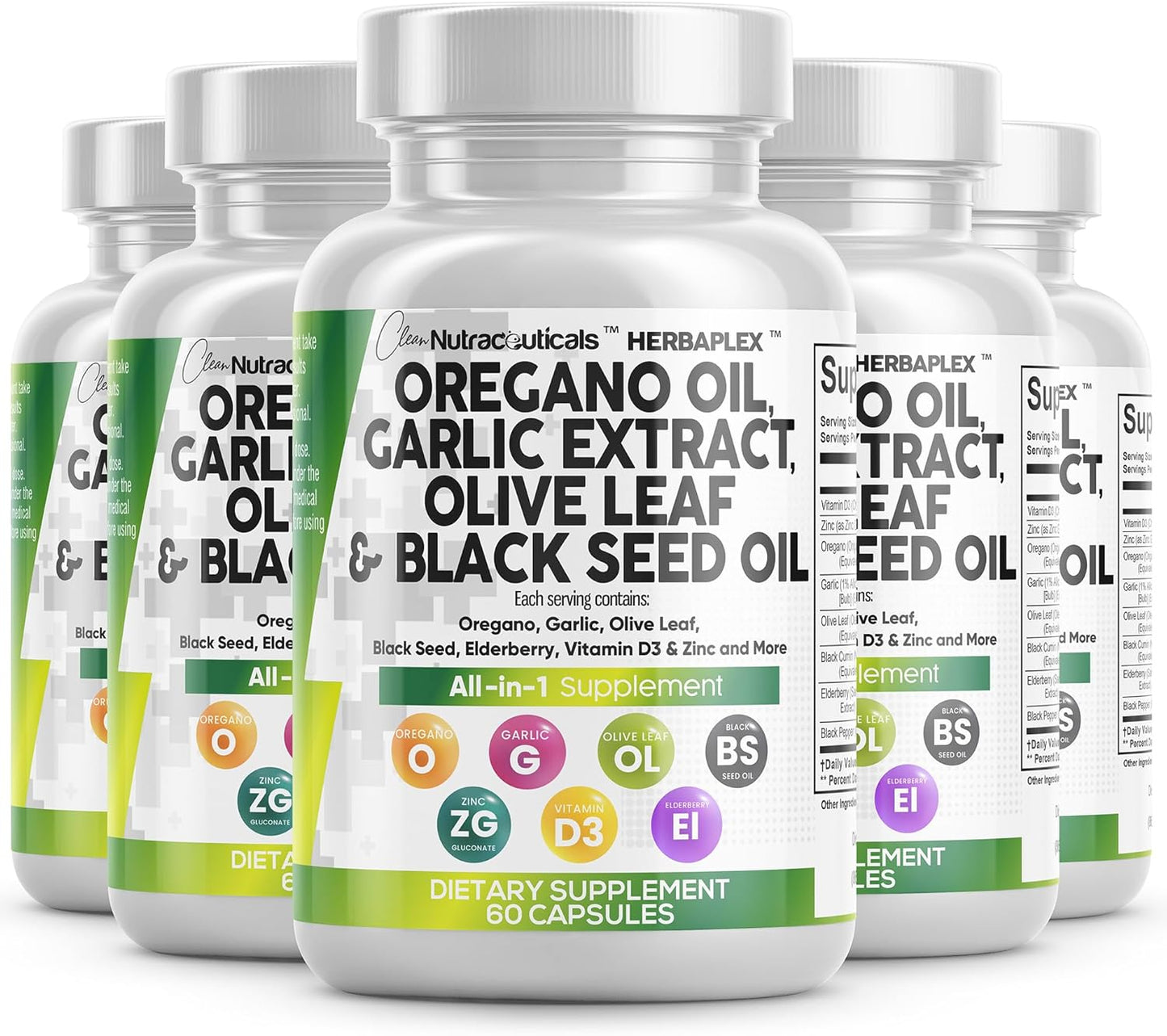 Immune and Digestive Health Supplement Bundle: Oregano Oil, Garlic Extract, Olive Leaf, Black Seed Oil, Vitamin D3, and Zinc - 5 Pack