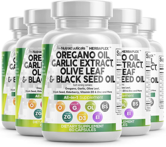 Immune and Digestive Health Supplement Bundle: Oregano Oil, Garlic Extract, Olive Leaf, Black Seed Oil, Vitamin D3, and Zinc - 5 Pack