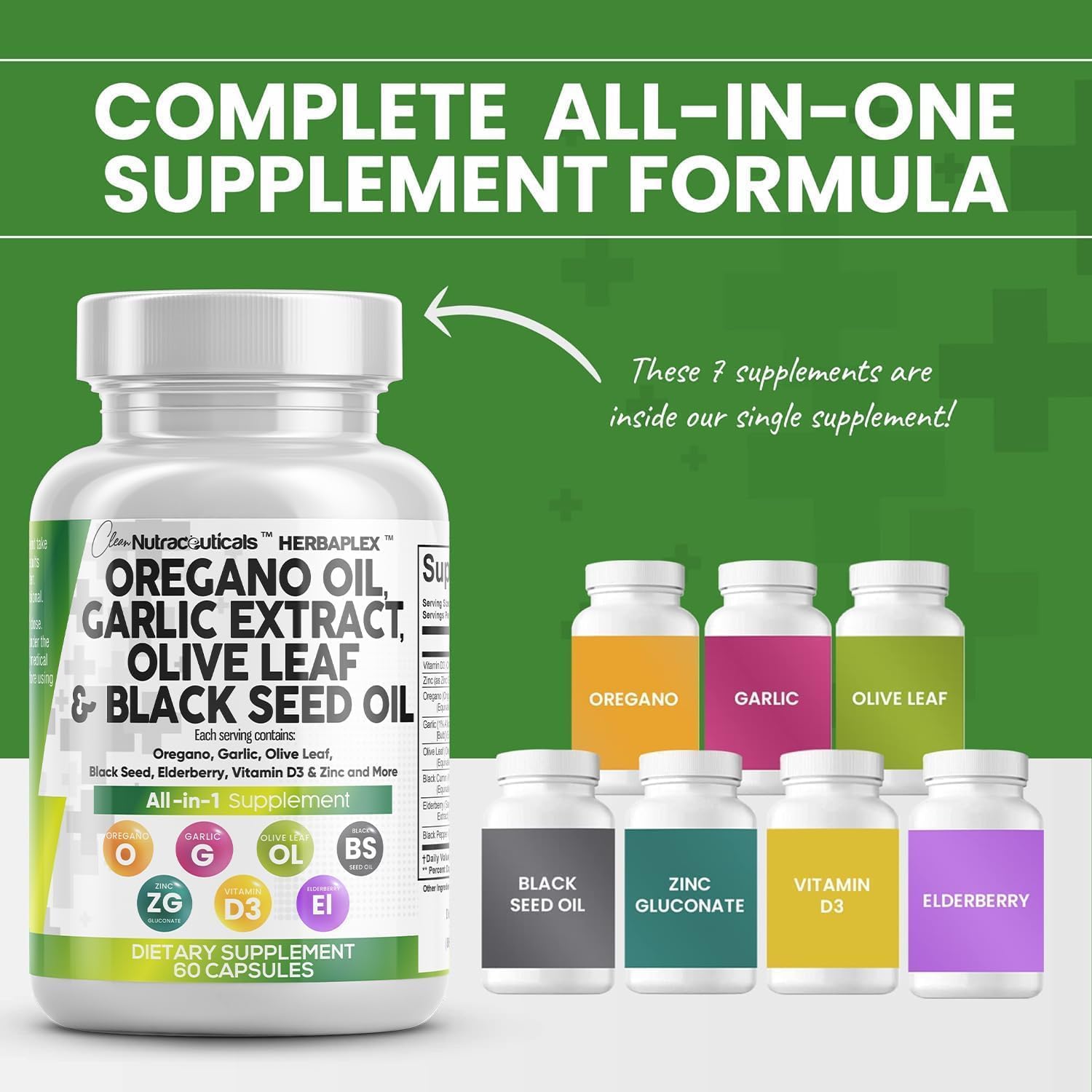 Immune and Digestive Health Supplement Bundle: Oregano Oil, Garlic Extract, Olive Leaf, Black Seed Oil, Vitamin D3, and Zinc - 5 Pack