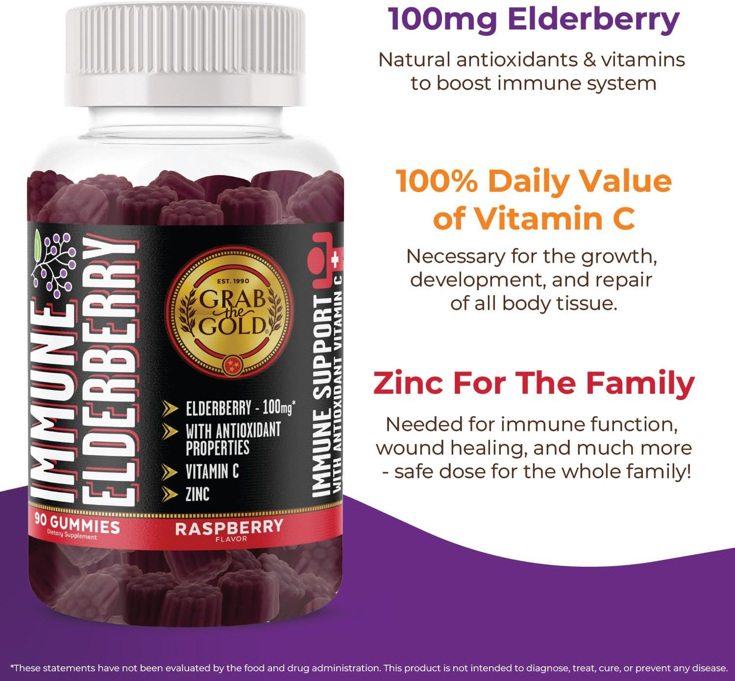 Immune-Boosting Elderberry Gummies with Vitamin C and Zinc - Gluten-Free and Vegetarian - 45 Day Supply