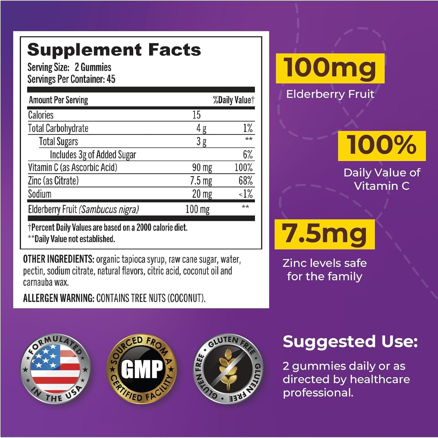 Immune-Boosting Elderberry Gummies with Vitamin C and Zinc - Gluten-Free and Vegetarian - 45 Day Supply