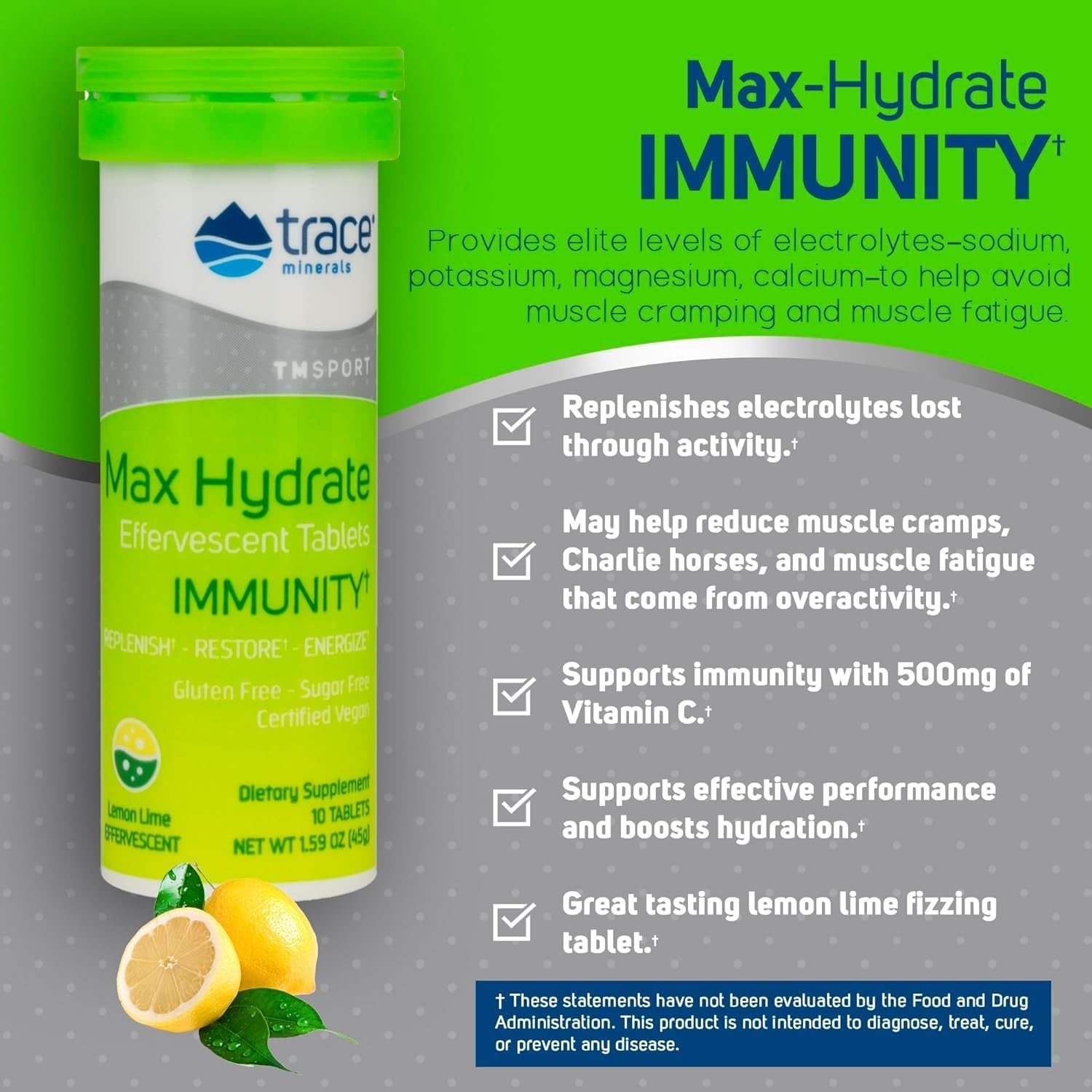 Immune-Boosting Electrolyte Drink Supplement for Hydration & Muscle Cramp Relief - Lemon Lime Flavor, 80 Servings