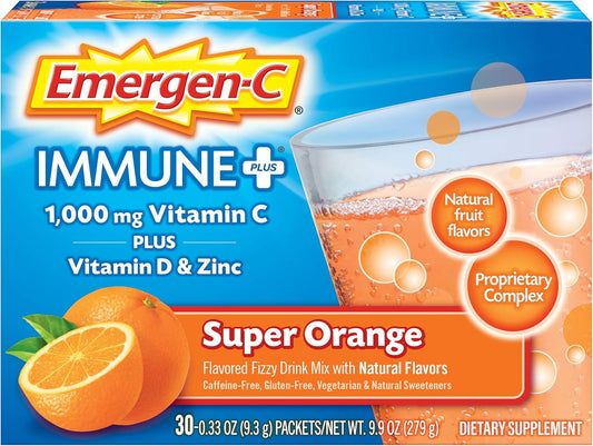 Immune Boosting Emergen-C Powder with Vitamin C, D, Zinc, Antioxidants, Electrolytes - 30 Count, Super Orange Flavor - 1 Month Supply
