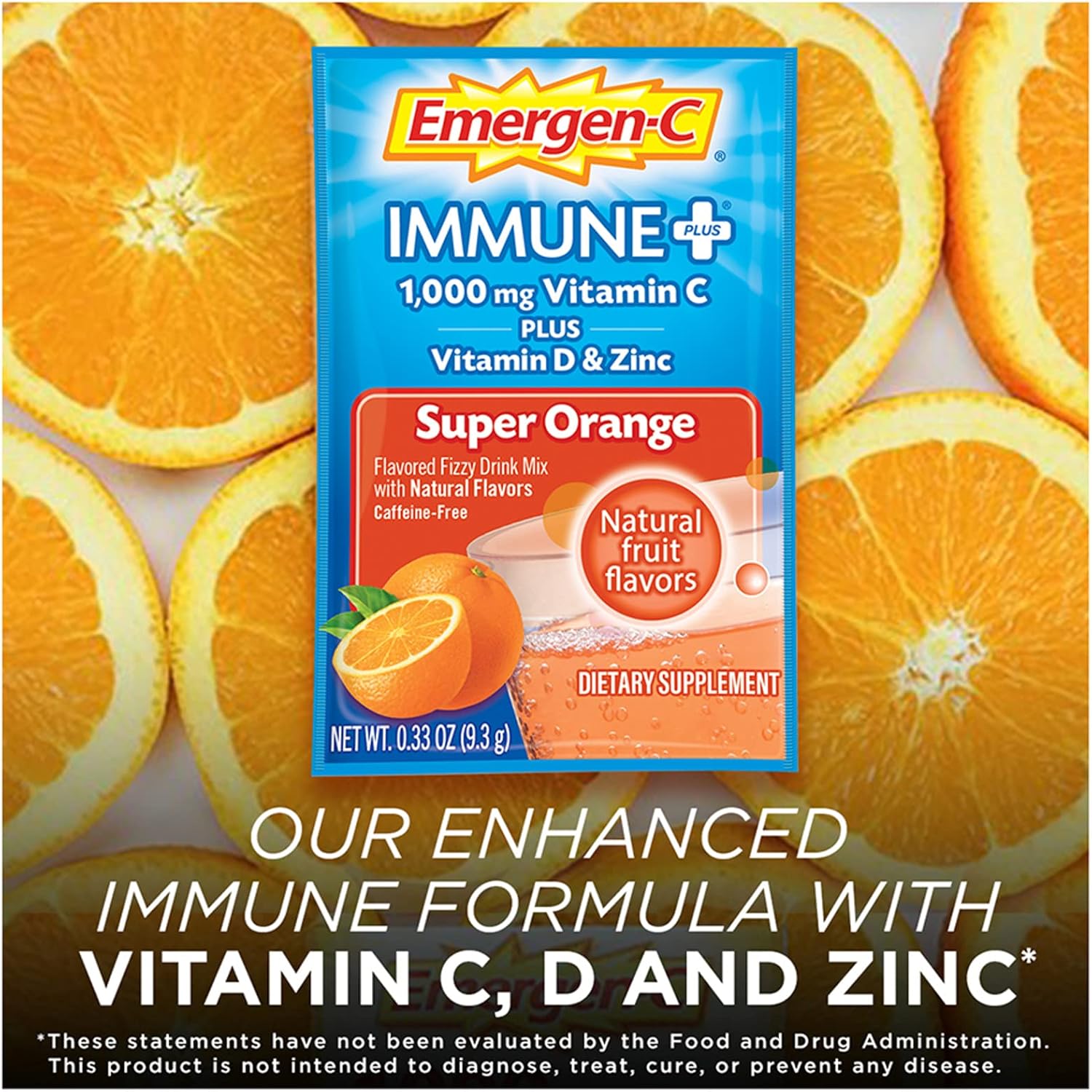 Immune Boosting Emergen-C Powder with Vitamin C, D, Zinc, Antioxidants, Electrolytes - 30 Count, Super Orange Flavor - 1 Month Supply