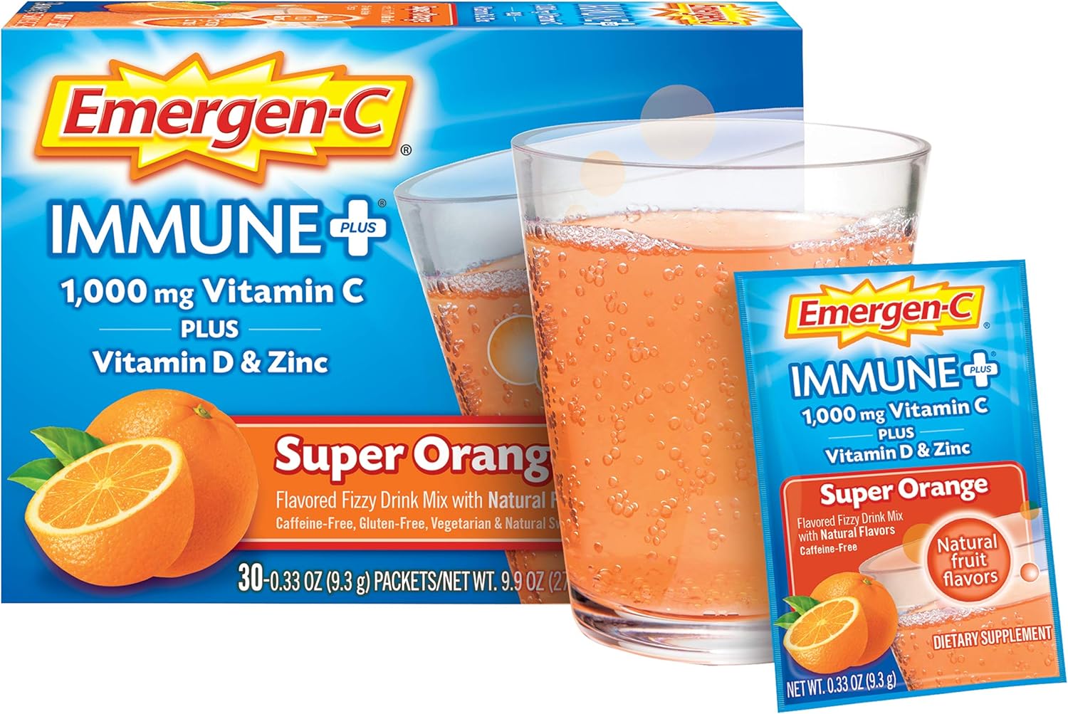 Immune Boosting Emergen-C Powder with Vitamin C, D, Zinc, Antioxidants, Electrolytes - 30 Count, Super Orange Flavor - 1 Month Supply