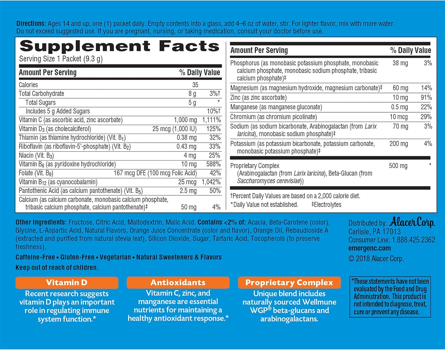 Immune Boosting Emergen-C Powder with Vitamin C, D, Zinc, Antioxidants, Electrolytes - 30 Count, Super Orange Flavor - 1 Month Supply