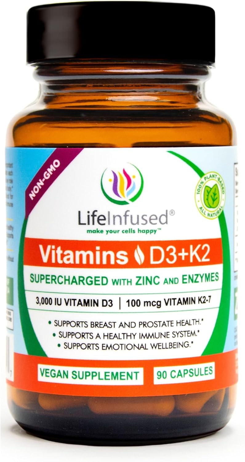 Immune Boosting Vitamin D3 + K2 with Zinc & Enzymes for Bone & Emotional Health - 90 Capsules