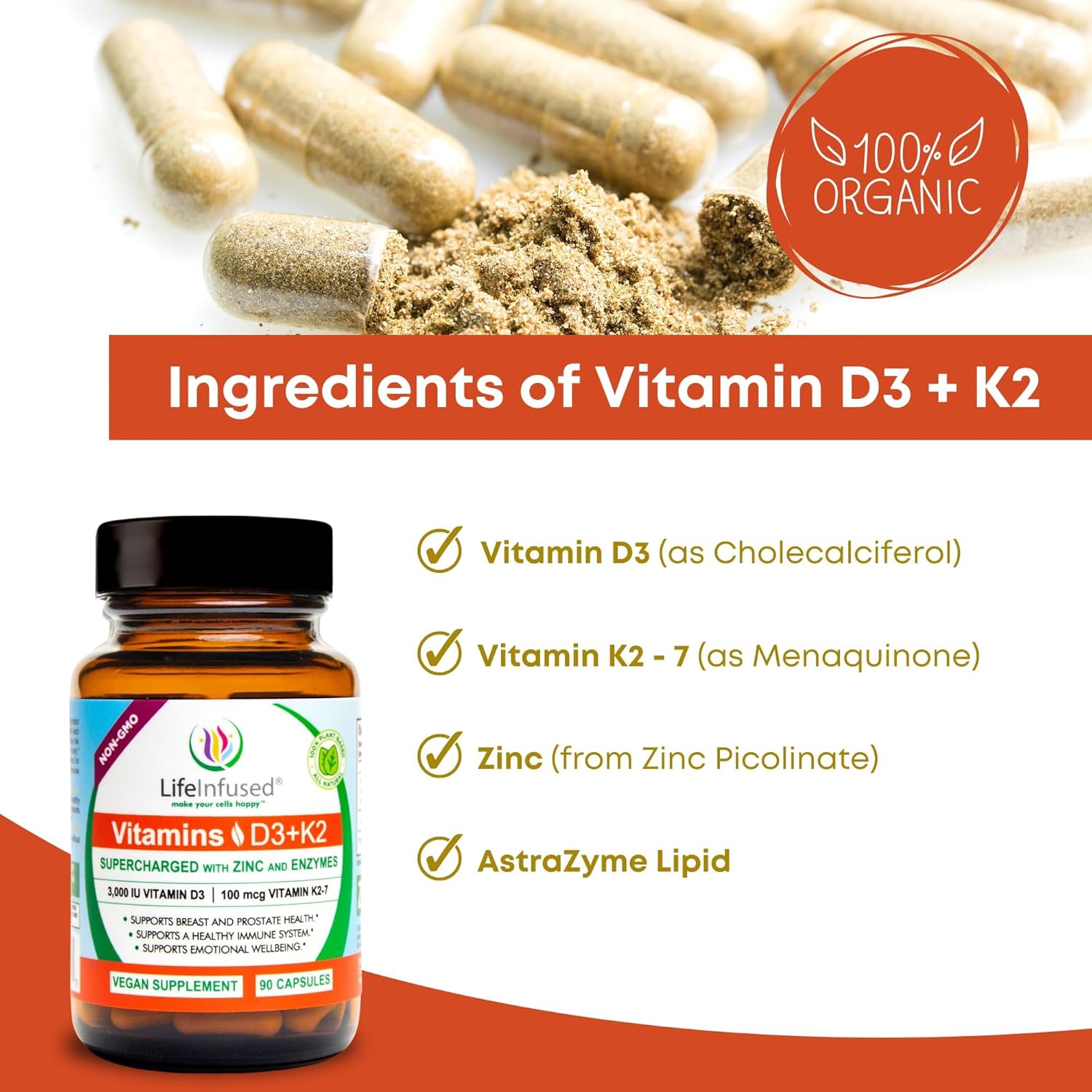 Immune Boosting Vitamin D3 + K2 with Zinc & Enzymes for Bone & Emotional Health - 90 Capsules