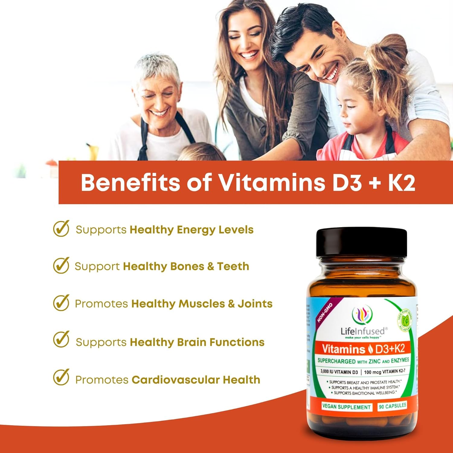 Immune Boosting Vitamin D3 + K2 with Zinc & Enzymes for Bone & Emotional Health - 90 Capsules