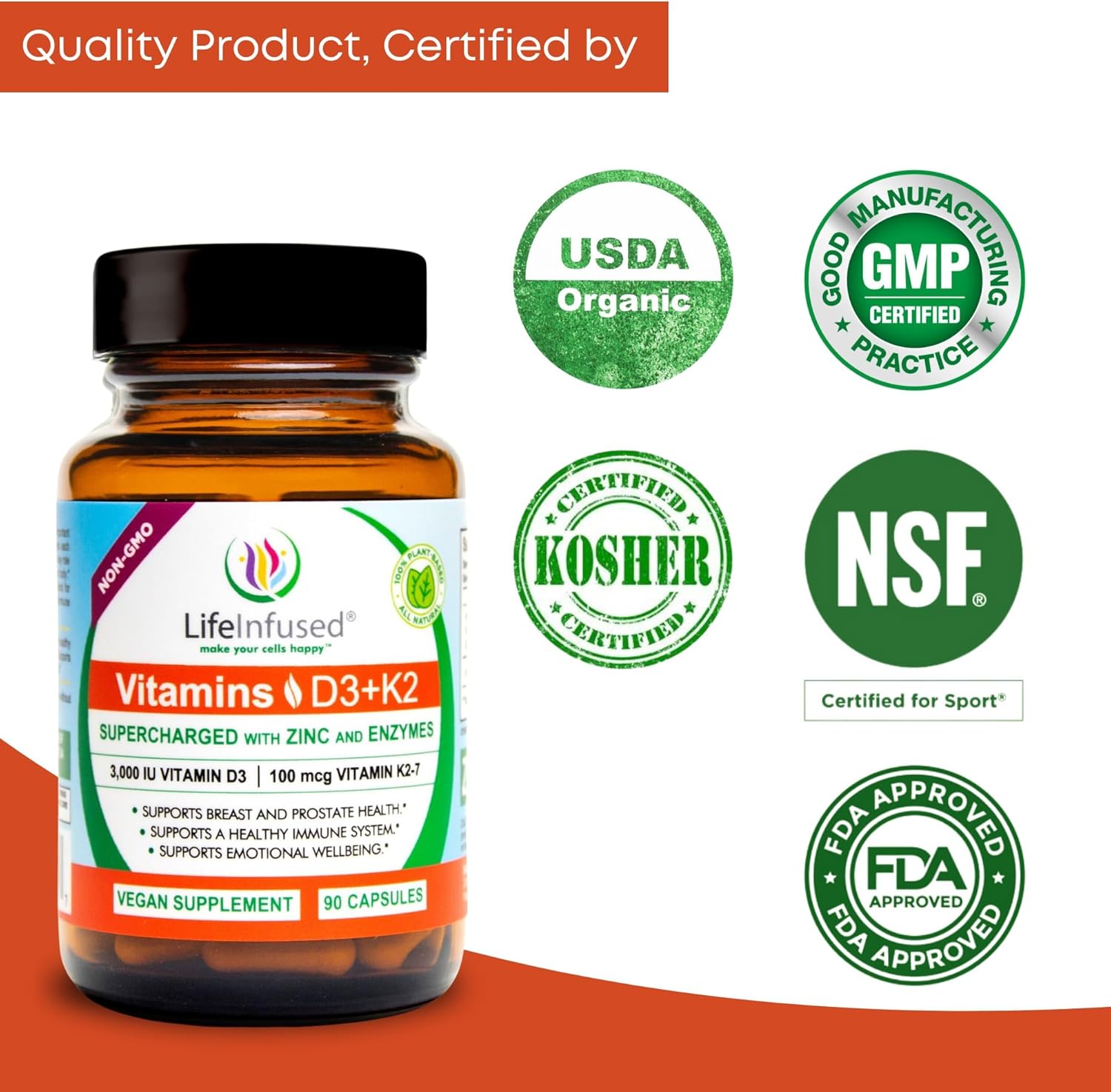 Immune Boosting Vitamin D3 + K2 with Zinc & Enzymes for Bone & Emotional Health - 90 Capsules