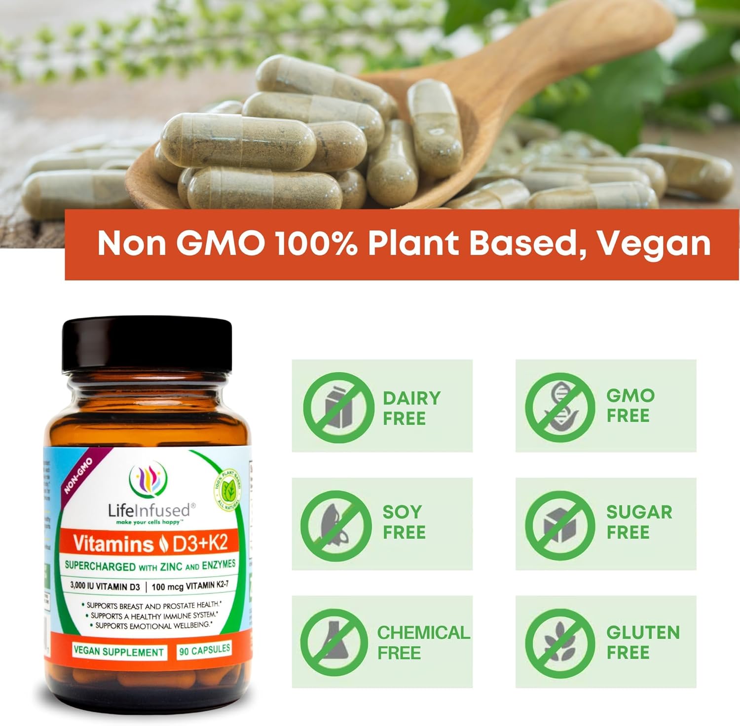 Immune Boosting Vitamin D3 + K2 with Zinc & Enzymes for Bone & Emotional Health - 90 Capsules