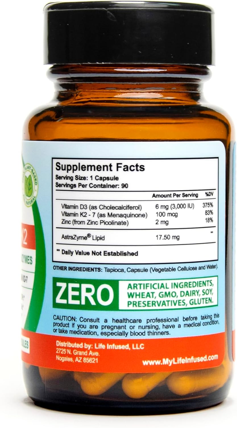 Immune Boosting Vitamin D3 + K2 with Zinc & Enzymes for Bone & Emotional Health - 90 Capsules