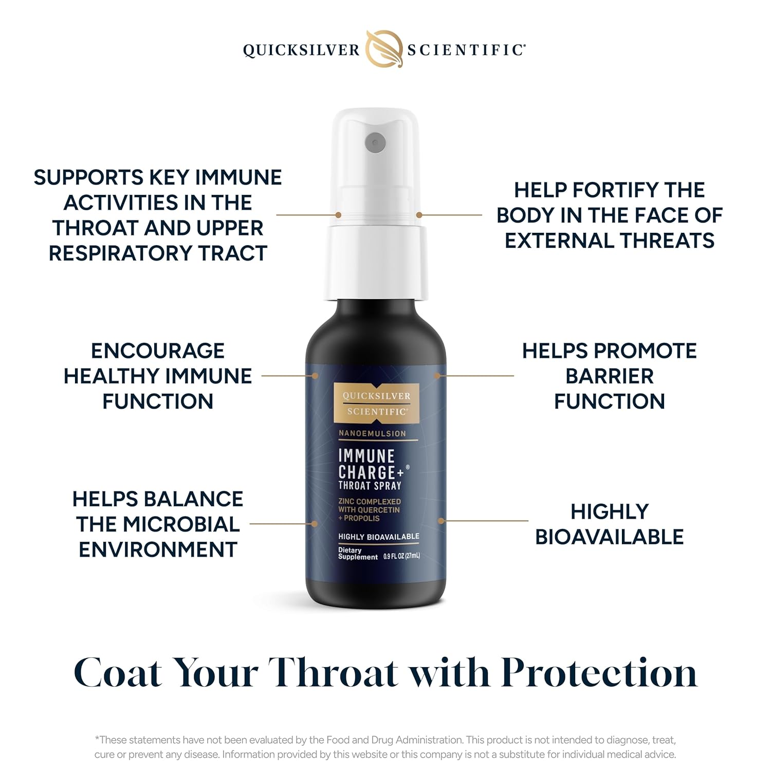 Immune Charge+ Zinc Throat Spray with Quercetin for Immune Support - Liposomal Absorption Technology - 0.9 fl oz