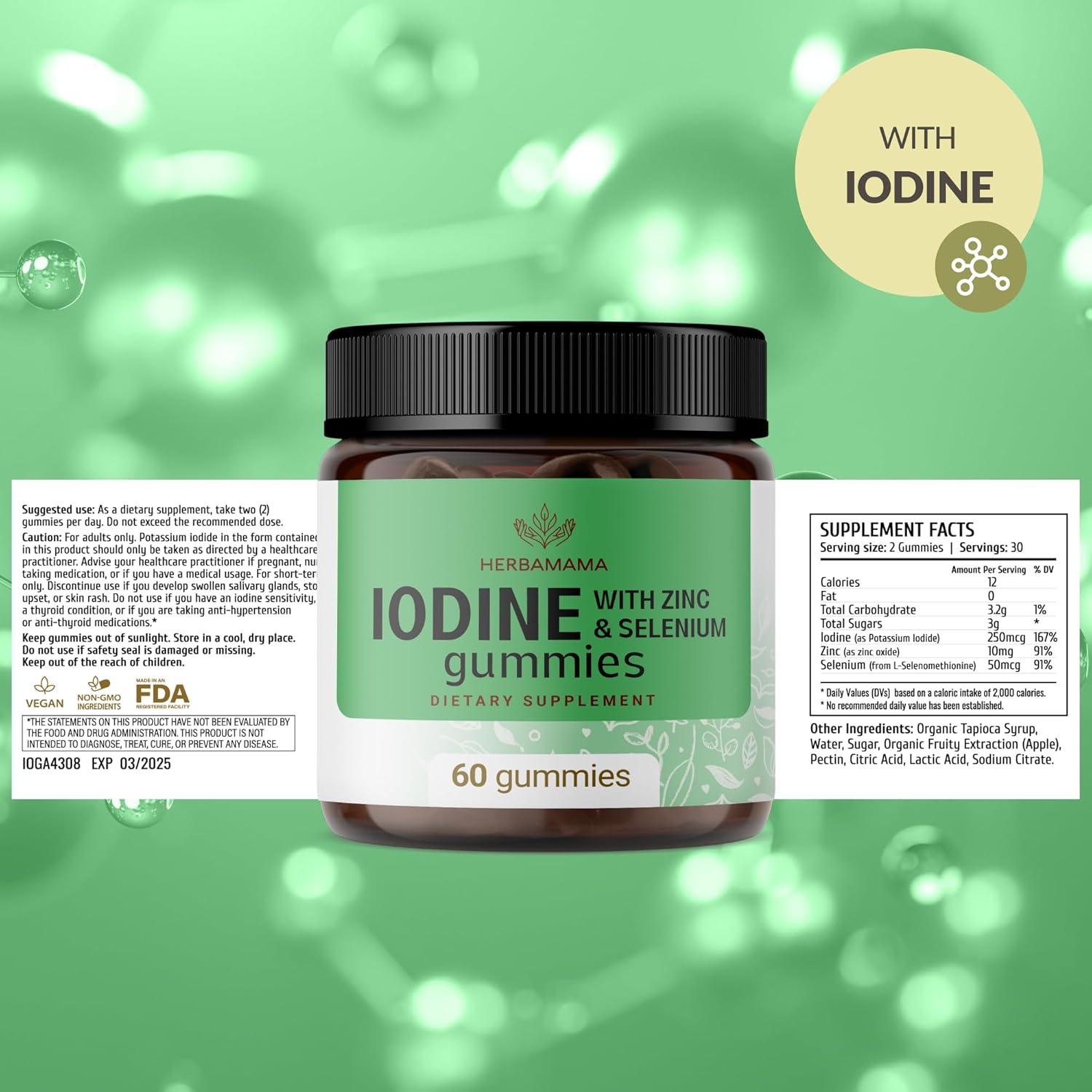 Immune Defense Gummies with Iodine, Zinc, and Selenium - Vegan & Non-GMO Apple Flavored Chews - 60 Count