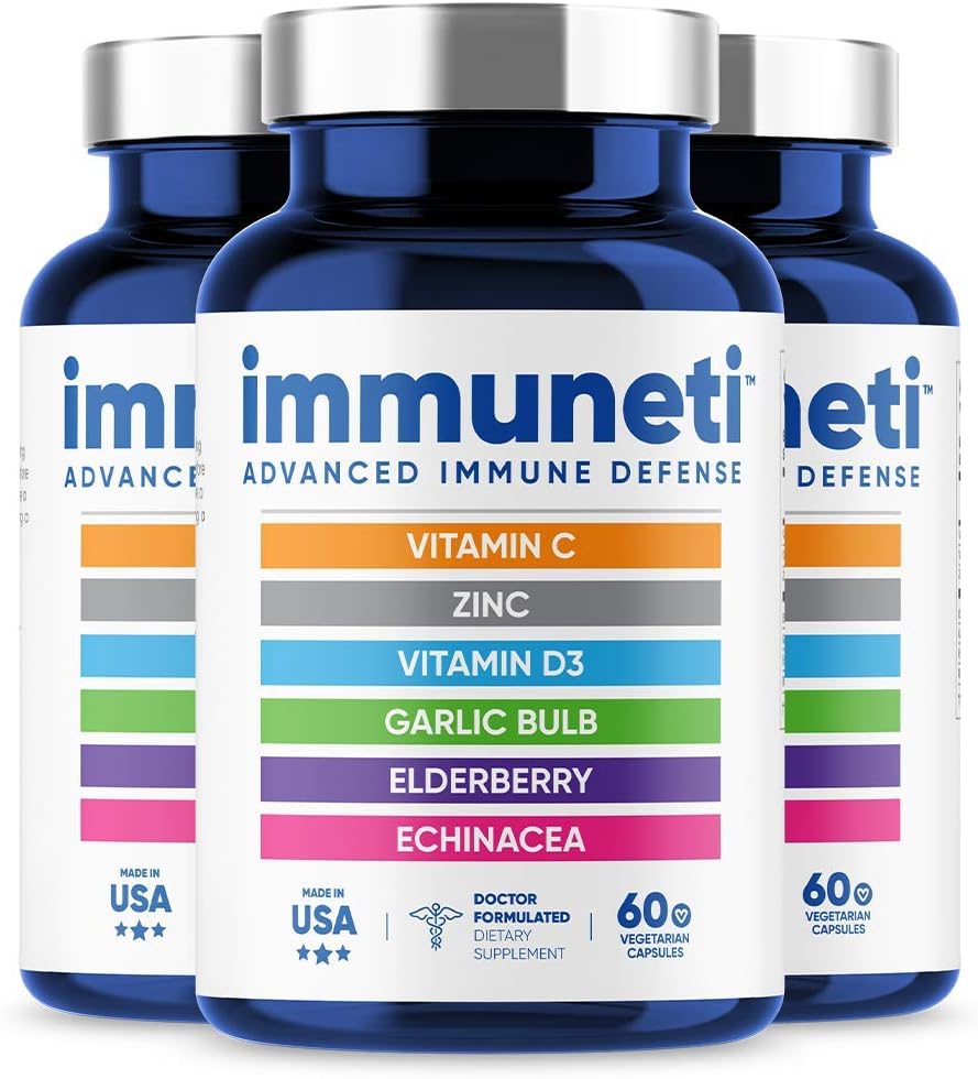 Immune Defense Supplement with Vitamin C, D3, Zinc, Elderberries, Garlic, Echinacea - 3 Pack for Overall Health & Wellness