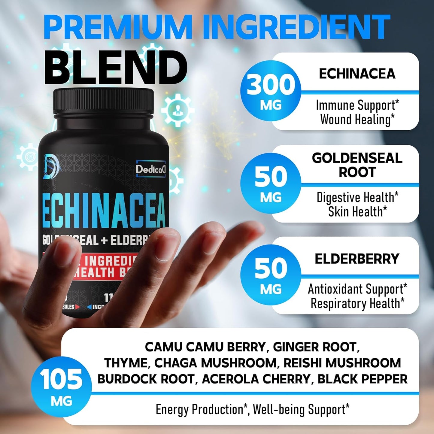 Immune Defense Support Supplement - 11 Herb Blend with Echinacea, Goldenseal, Elderberry - 5 Month Supply - 150 Capsules