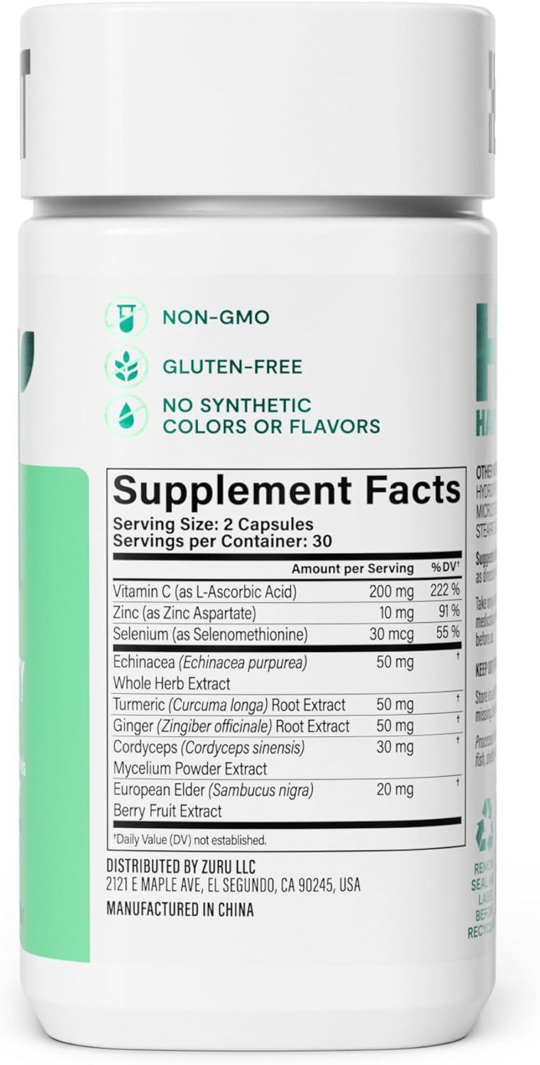 Immune Health Boost Supplement - Echinacea, Elderberry, Turmeric, Zinc Blend (60 Capsules) - Vegan, Non-GMO - Antioxidant Support
