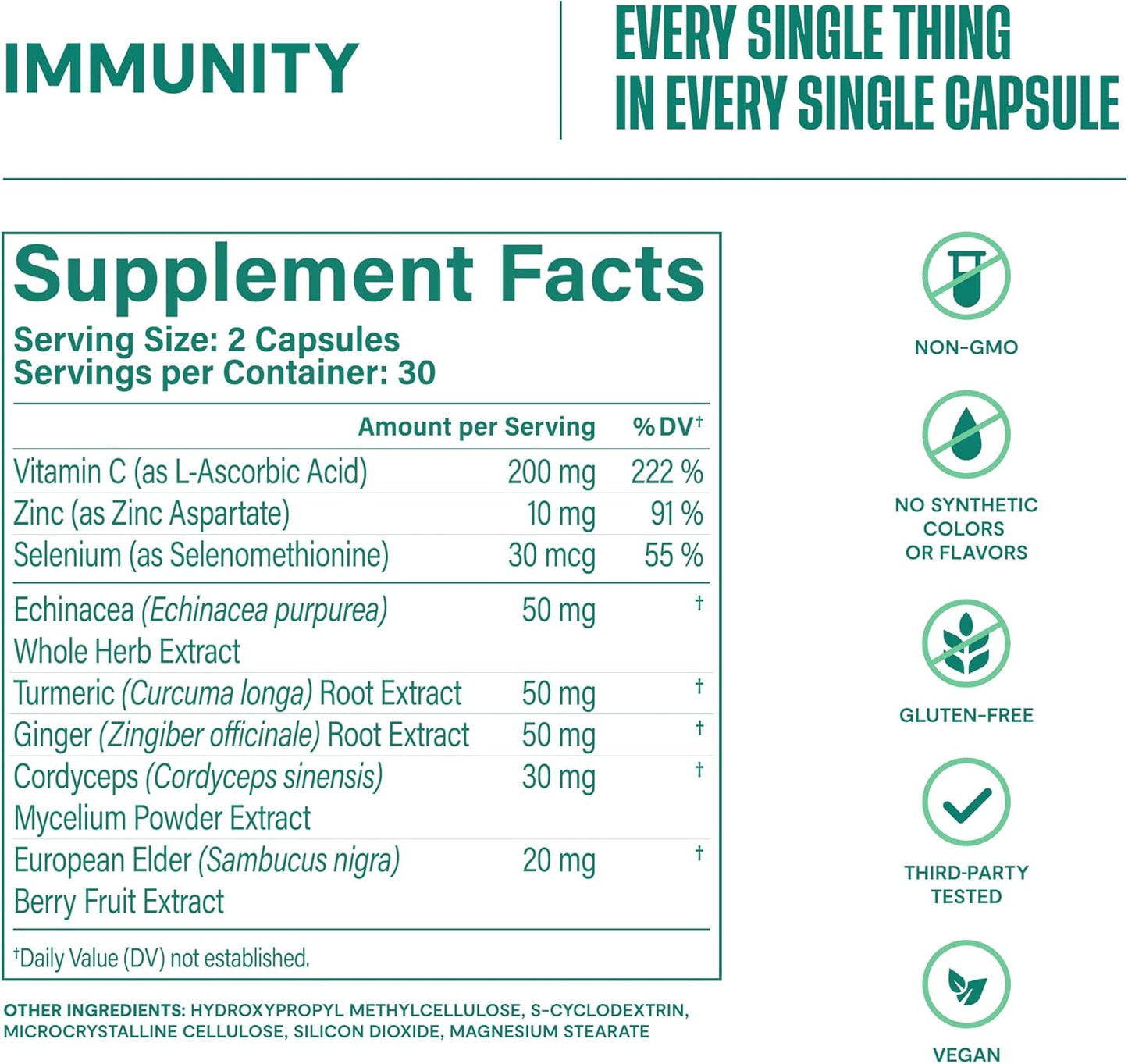 Immune Health Boost Supplement - Echinacea, Elderberry, Turmeric, Zinc Blend (60 Capsules) - Vegan, Non-GMO - Antioxidant Support
