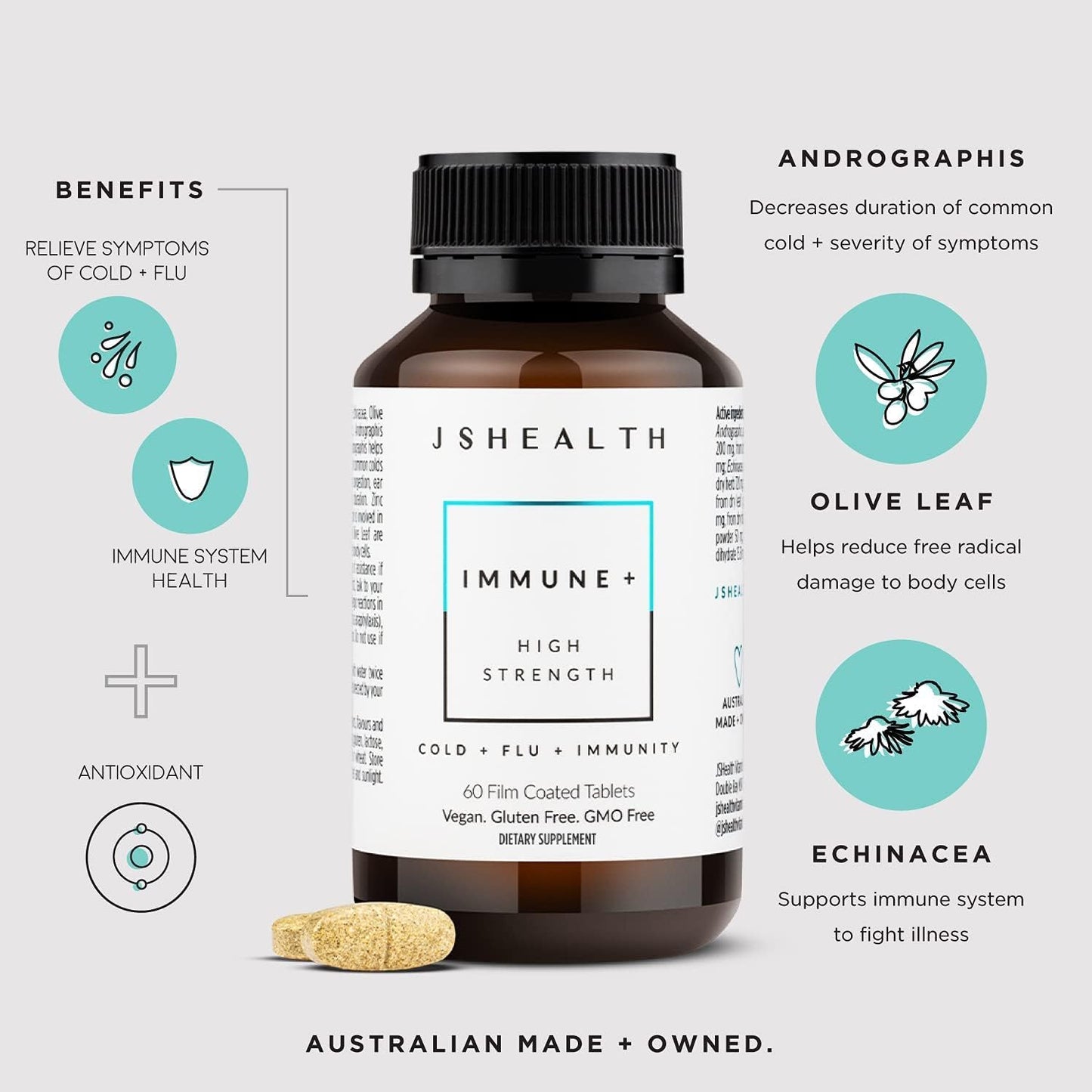 Immune + Immunity Booster Supplement with Zinc, Vitamin C, Echinacea, and Olive Leaf - 60 Tablets by JSHealth Vitamins