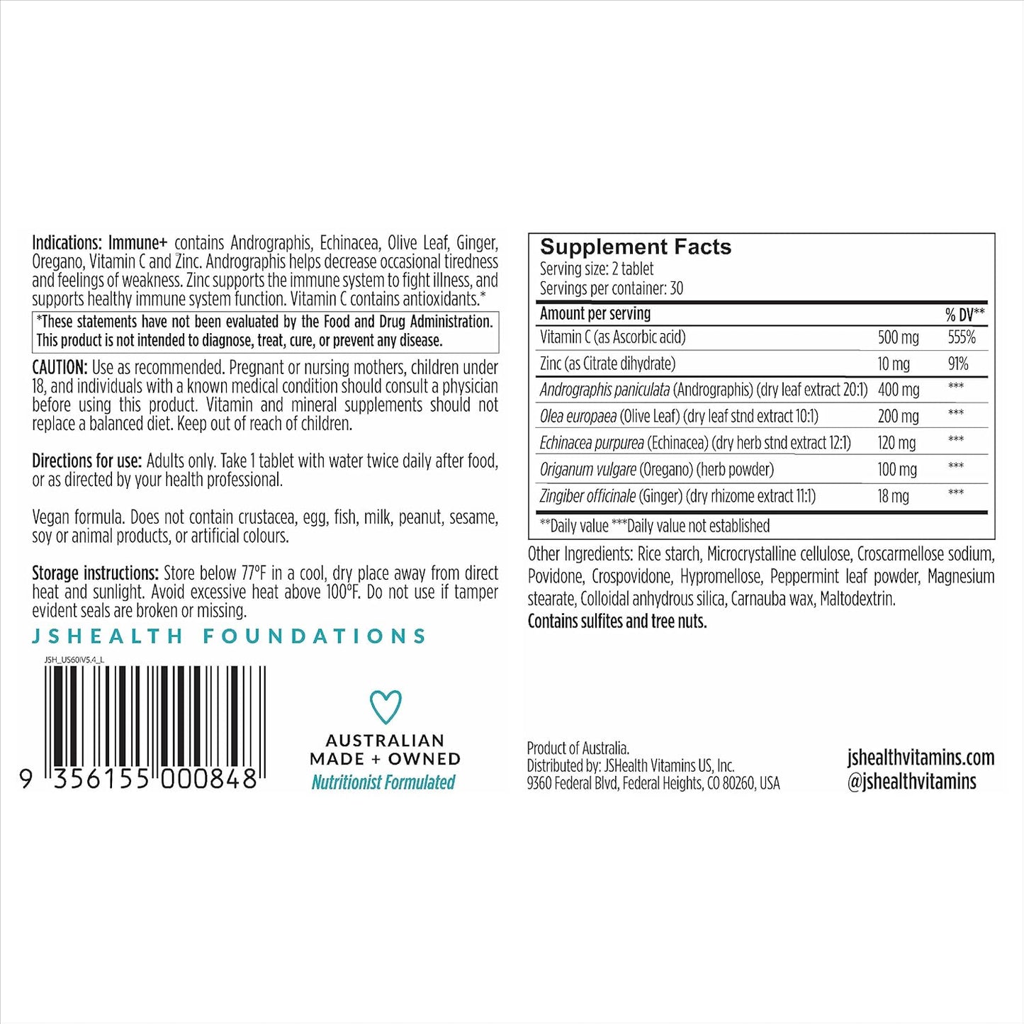 Immune + Immunity Booster Supplement with Zinc, Vitamin C, Echinacea, and Olive Leaf - 60 Tablets by JSHealth Vitamins
