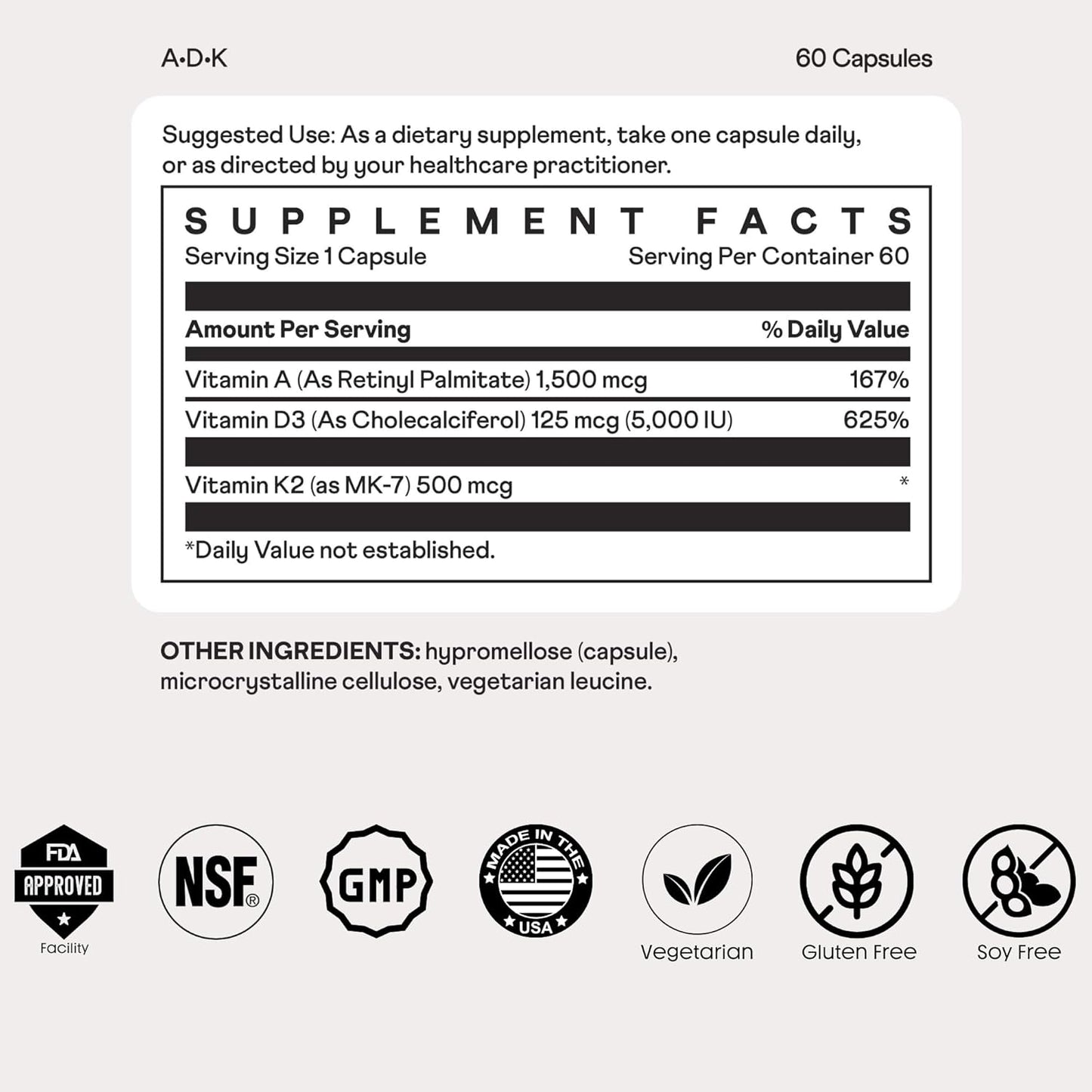 Immune Support & Bone Health Vitamin Complex with A, D3, & K2 - Vegetarian & Gluten Free - 60 Capsules