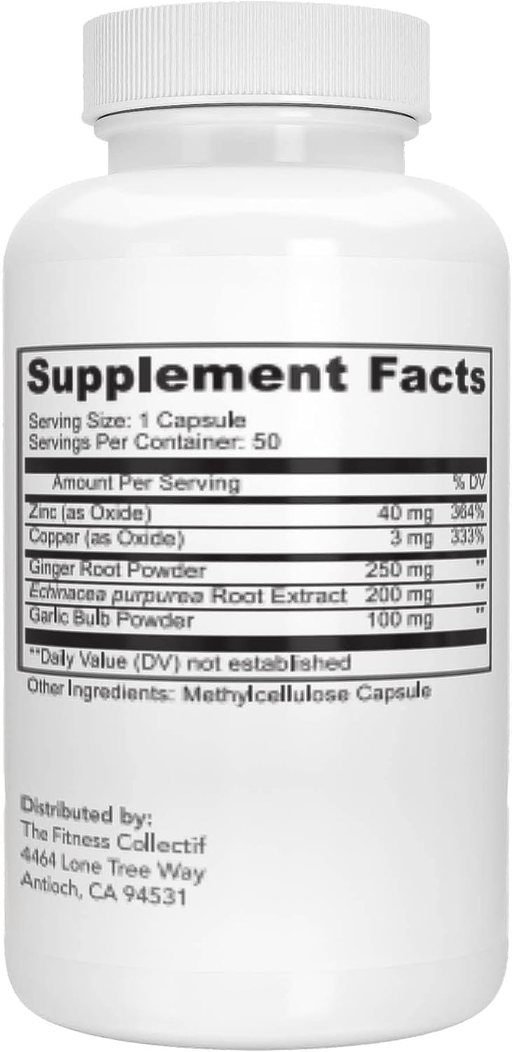 Immune Support Booster Capsules with Echinacea, Zinc, Garlic, Copper & Ginger - 50 Count