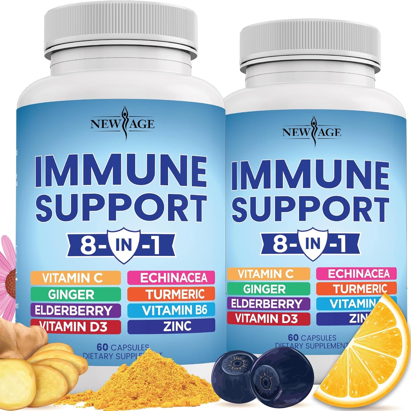 Immune Support Booster Supplement - 8-in-1 Blend with Echinacea, Vitamin C, Zinc, Vitamin D, Turmeric, Ginger, B6, Elderberry - 240 Count