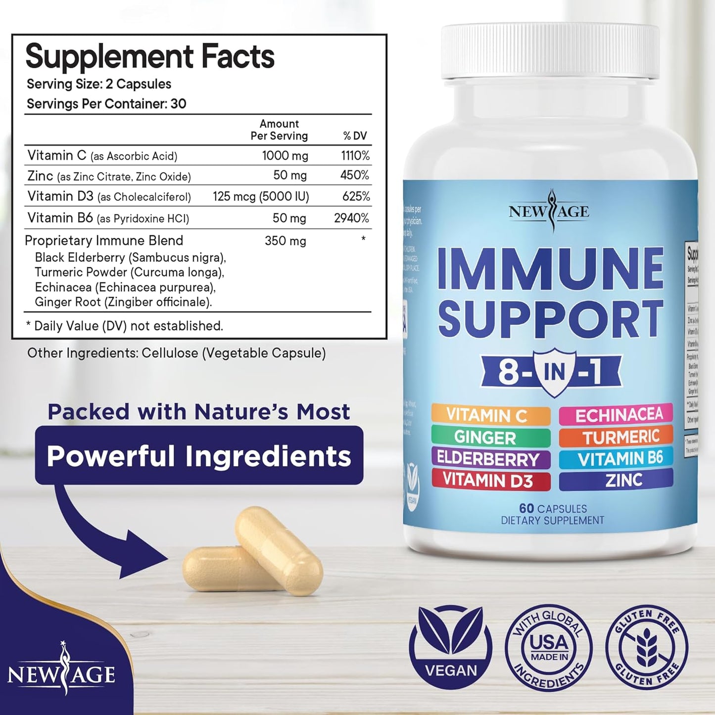Immune Support Booster Supplement - 8-in-1 Blend with Echinacea, Vitamin C, Zinc, Vitamin D, Turmeric, Ginger, B6, Elderberry - 240 Count