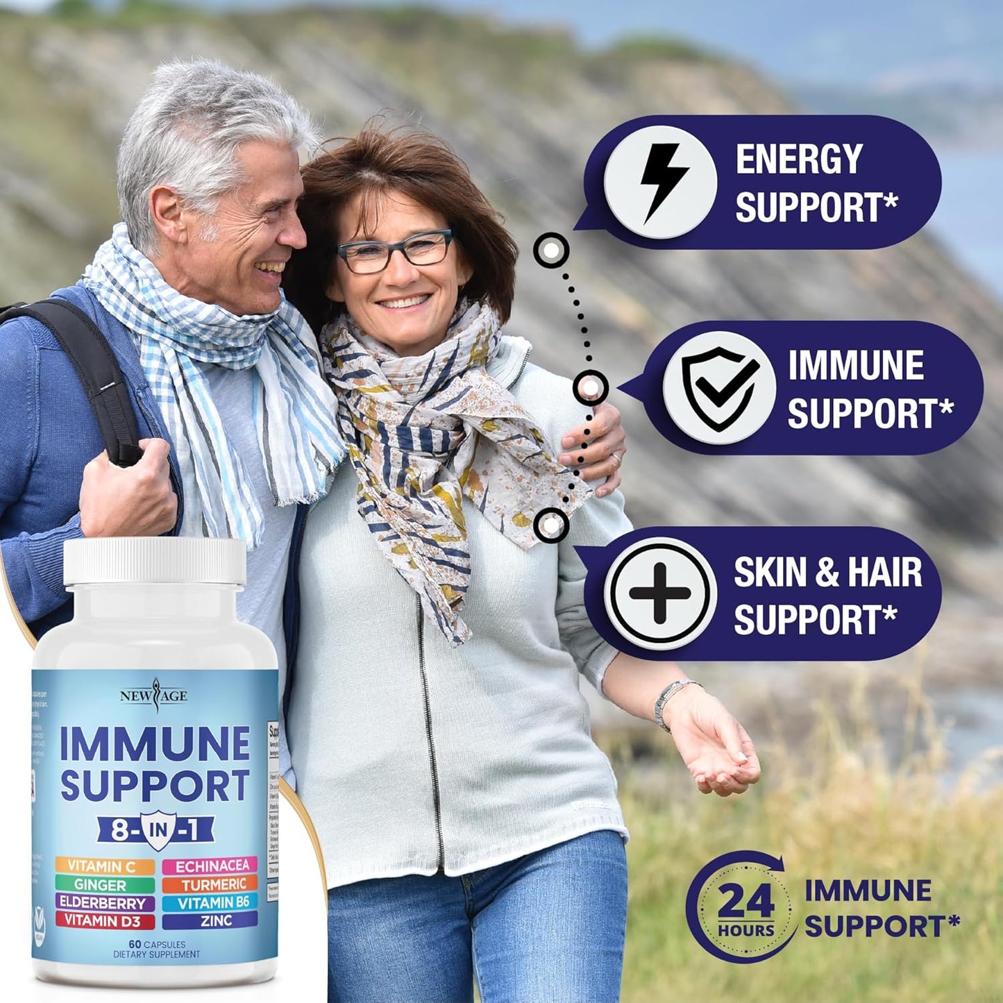 Immune Support Booster Supplement - 8-in-1 Blend with Echinacea, Vitamin C, Zinc, Vitamin D, Turmeric, Ginger, B6, Elderberry - 240 Count