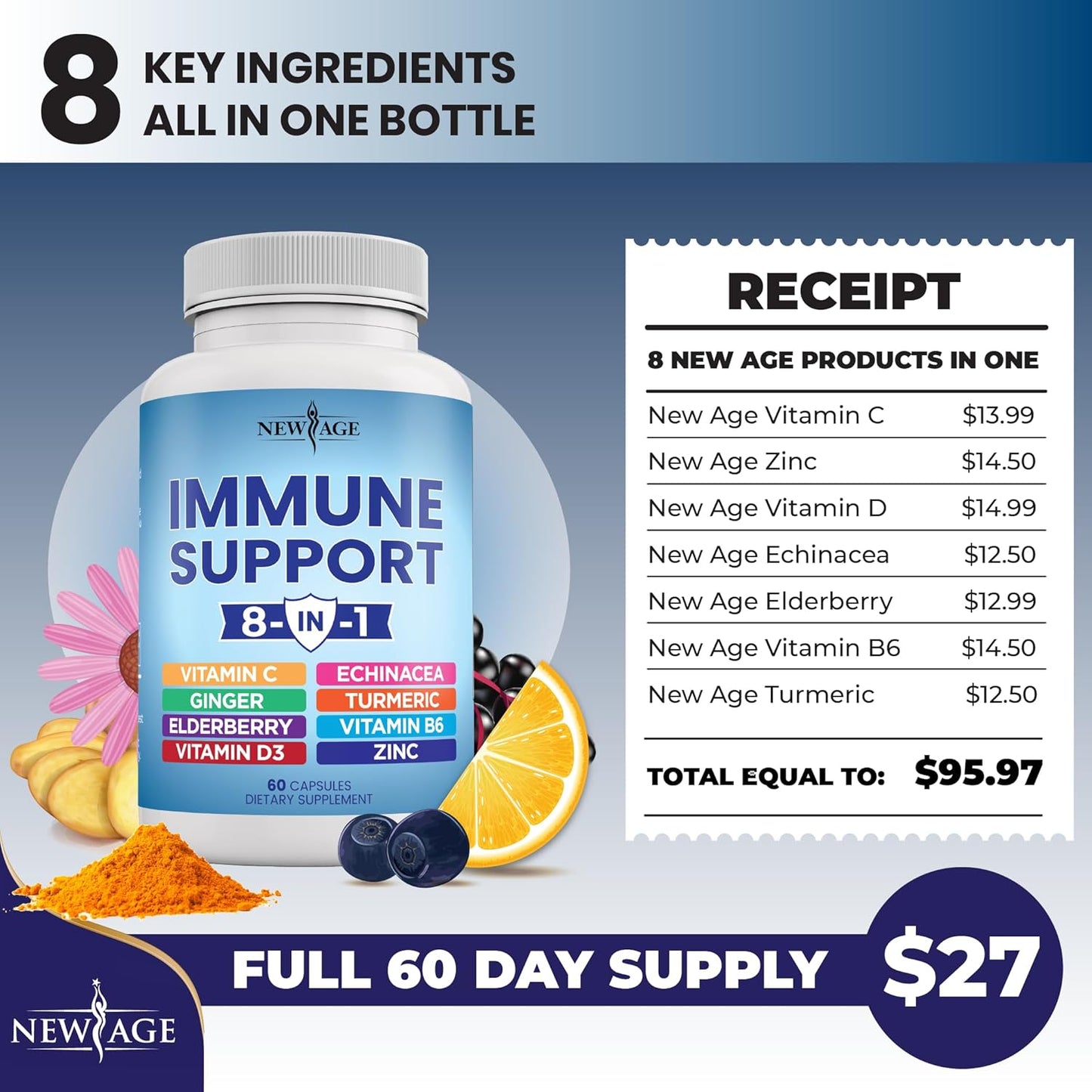 Immune Support Booster Supplement with Echinacea, Vitamin C, Zinc, Turmeric, Ginger, B6, Elderberry, Vitamin D - Pack of 3