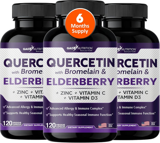 Immune Support Bundle: Quercetin, Bromelain, Elderberry, Vitamin C, Zinc, D3 - 6 Month Supply