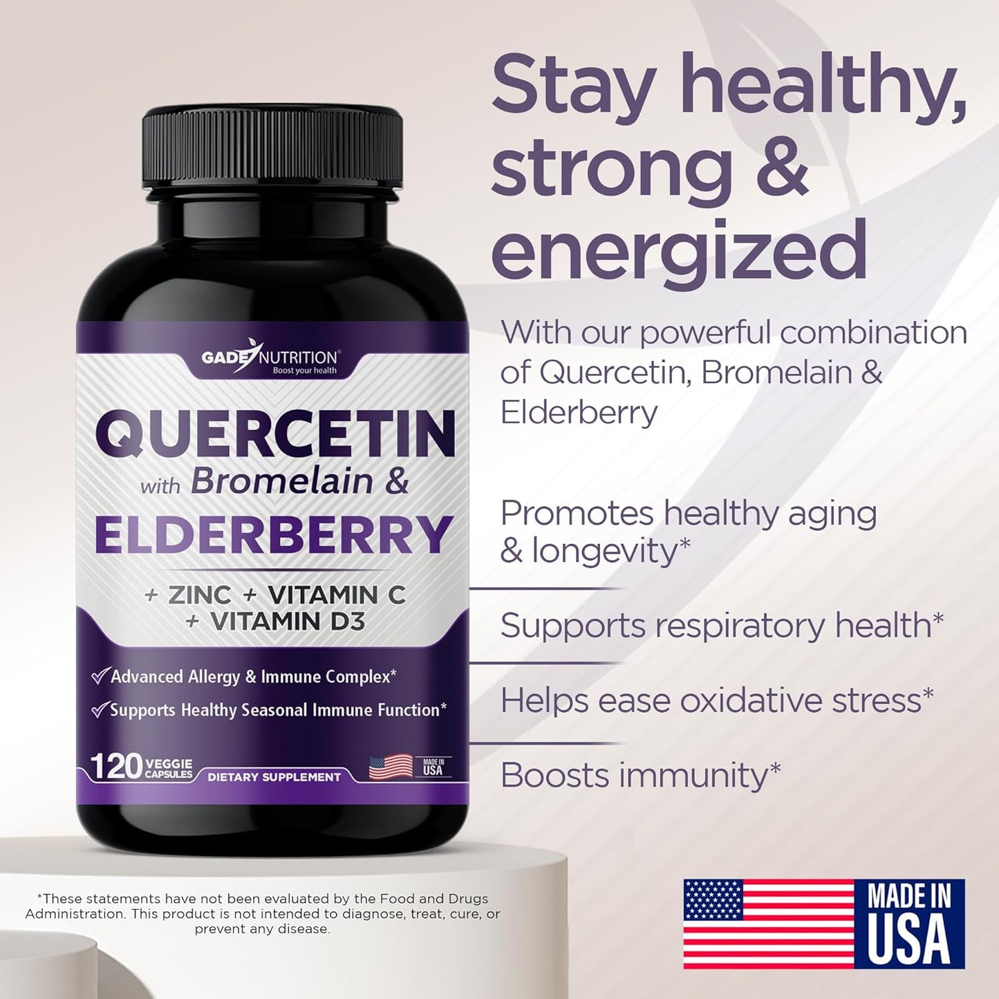 Immune Support Bundle: Quercetin, Bromelain, Elderberry, Vitamin C, Zinc, and Vitamin D3 - 2 Months Supply