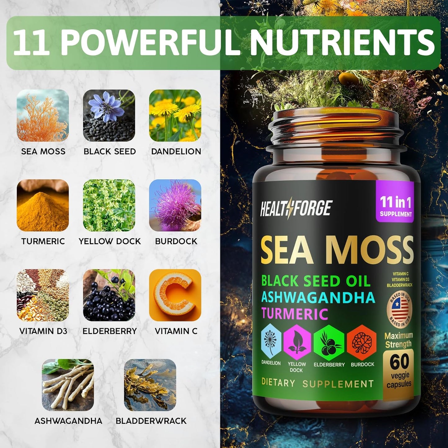 Immune Support Capsules Set: Shilajit, Ashwagandha, Sea Moss, Black Seed Oil, Turmeric - for Men and Women