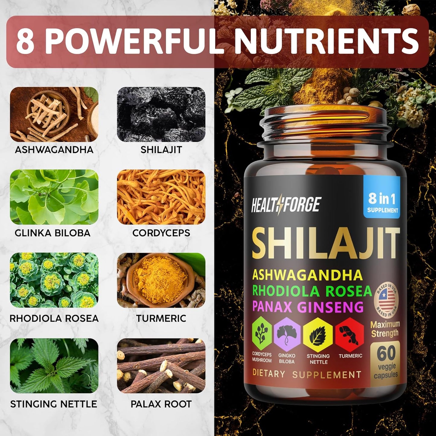 Immune Support Capsules Set: Shilajit, Ashwagandha, Sea Moss, Black Seed Oil, Turmeric - for Men and Women