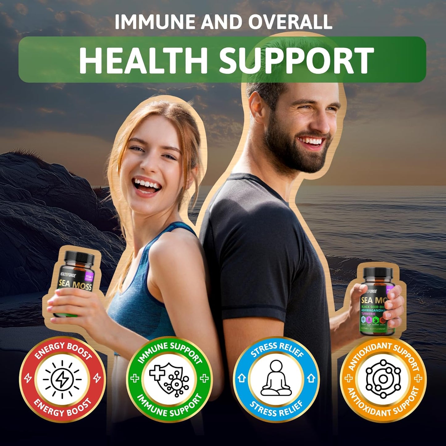 Immune Support Capsules Set: Shilajit, Ashwagandha, Sea Moss, Black Seed Oil, Turmeric - for Men and Women