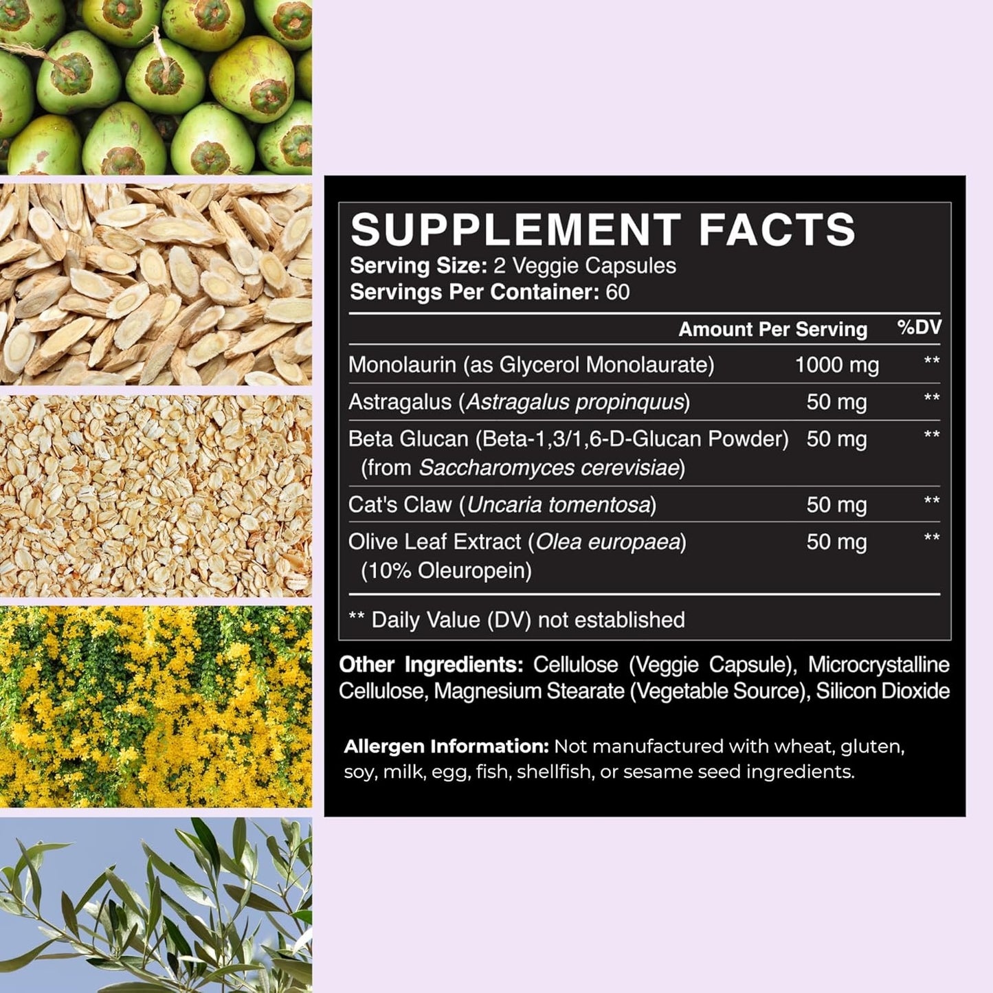Immune Support Capsules with Monolaurin for Long-Term Protection from Tick Bites - Contains Lauric Acid, Astragalus, Cats Claw, Beta Glucan, Olive Leaf - Potent Formula