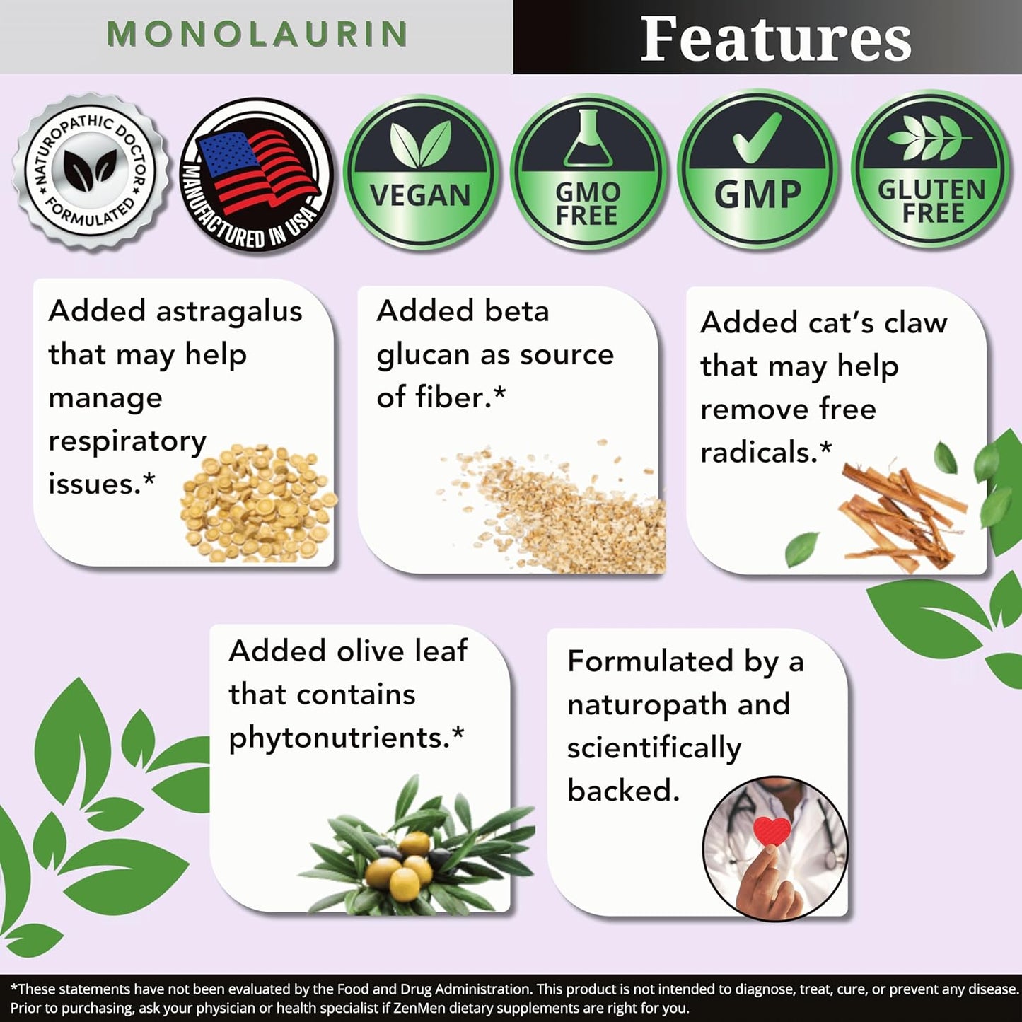 Immune Support Capsules with Monolaurin for Long-Term Protection from Tick Bites - Contains Lauric Acid, Astragalus, Cats Claw, Beta Glucan, Olive Leaf - Potent Formula