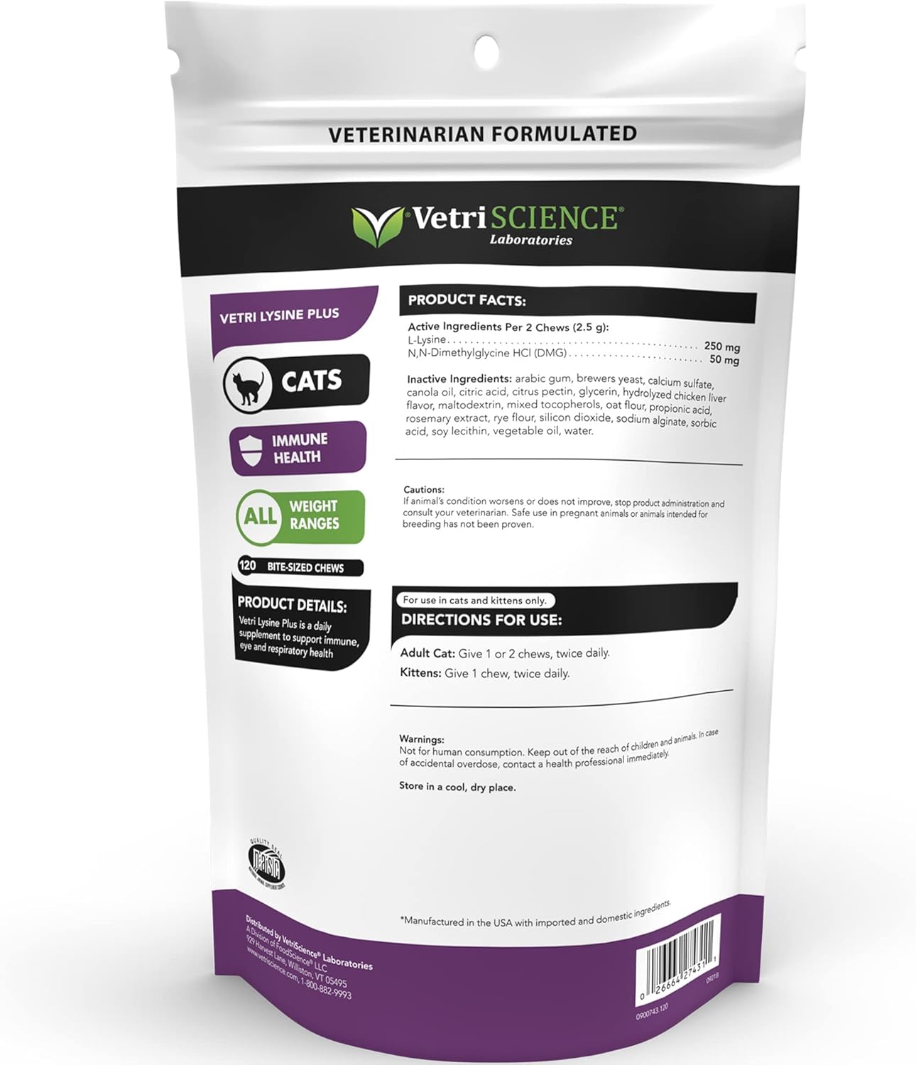 Immune Support Cat Supplement: VetriScience Vetri Lysine Plus Chews - 120 Count with L-Lysine and DMG for Respiratory Health