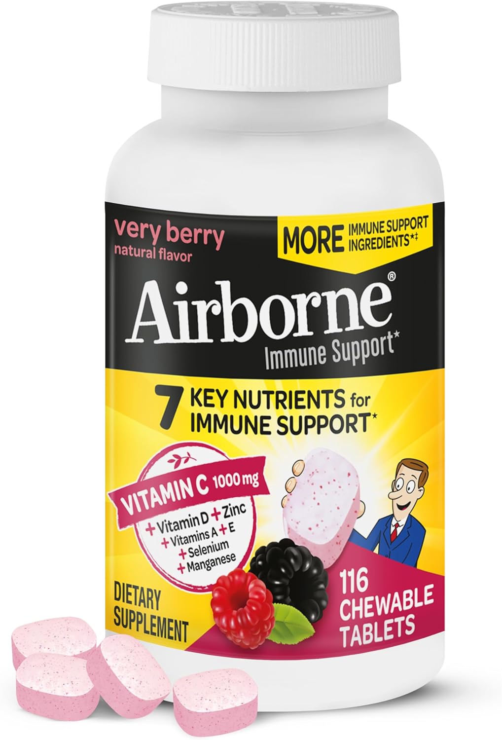 Immune Support Chewable Tablets with 1000mg Vitamin C, Vitamin D, and Zinc - Very Berry Flavor, 116 Tablets
