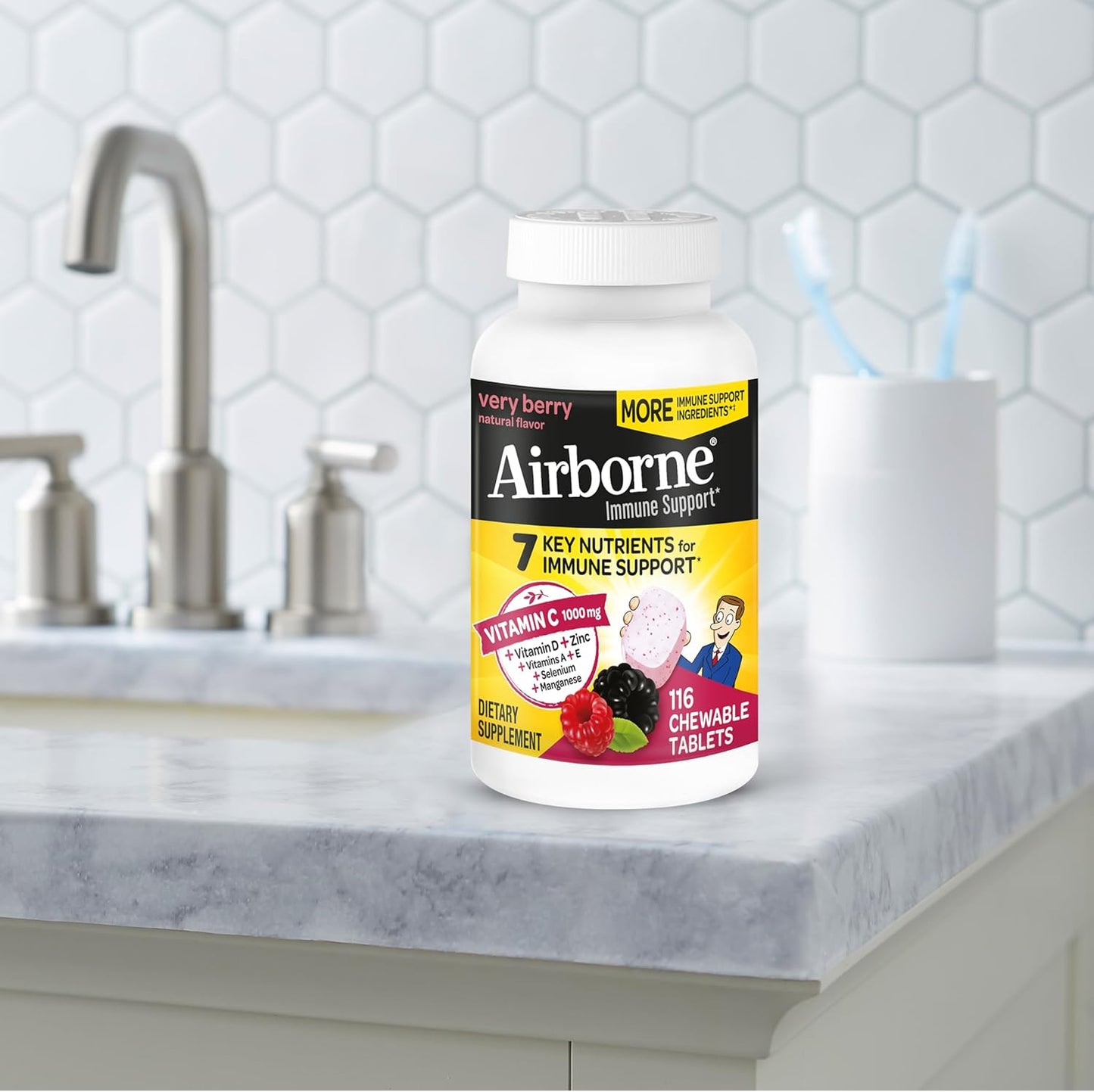 Immune Support Chewable Tablets with 1000mg Vitamin C, Vitamin D, and Zinc - Very Berry Flavor, 116 Tablets