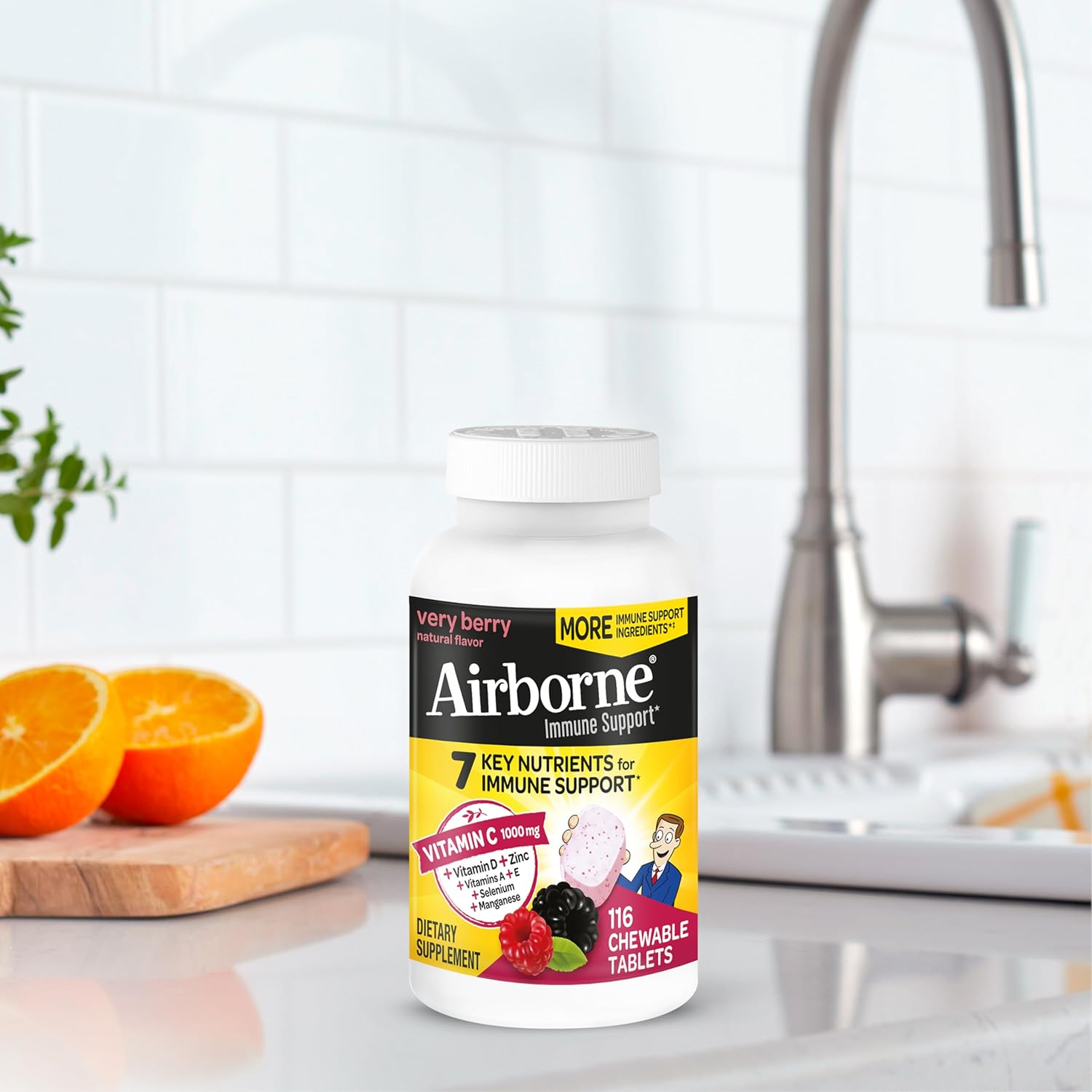 Immune Support Chewable Tablets with 1000mg Vitamin C, Vitamin D, and Zinc - Very Berry Flavor, 116 Tablets