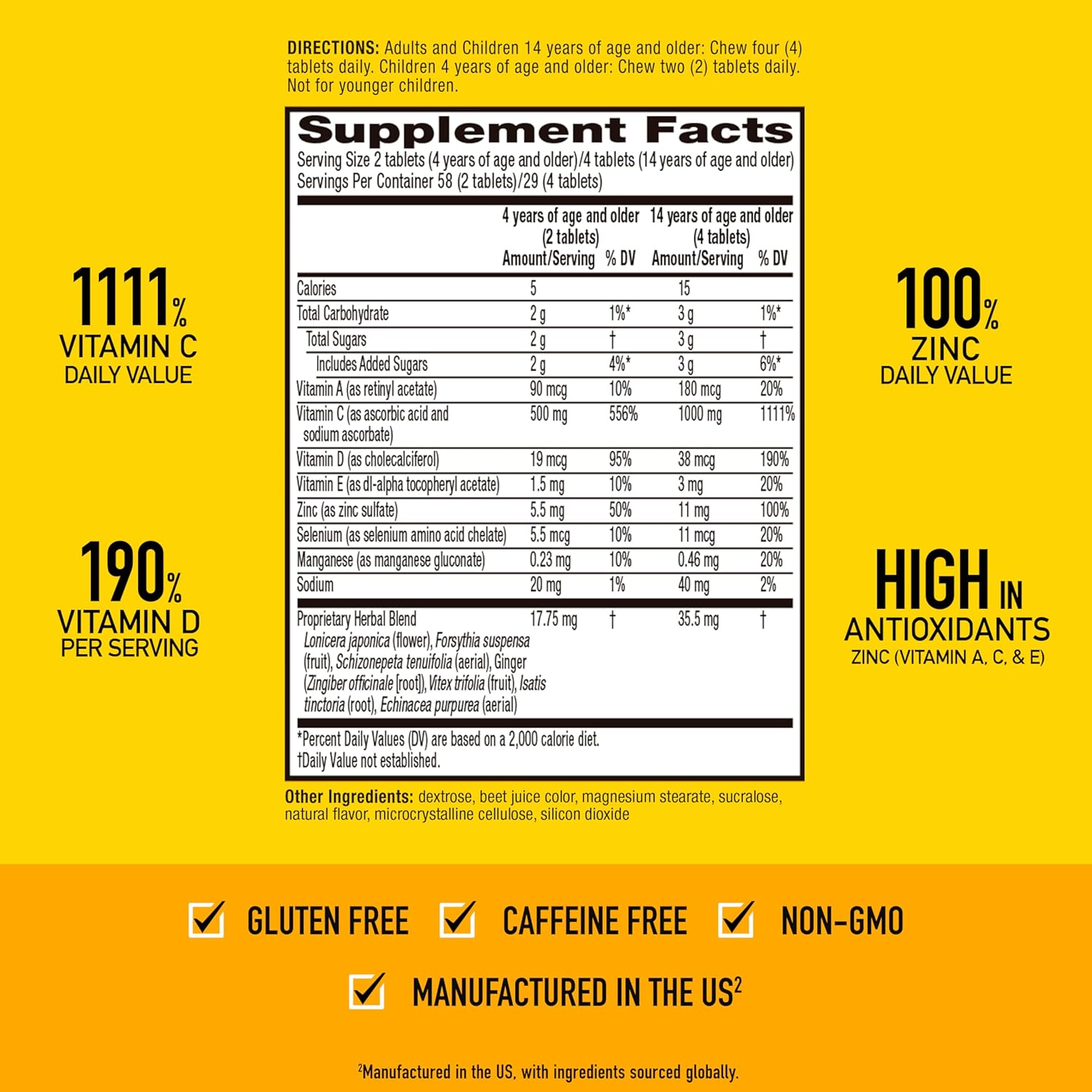 Immune Support Chewable Tablets with 1000mg Vitamin C, Vitamin D, and Zinc - Very Berry Flavor, 116 Tablets