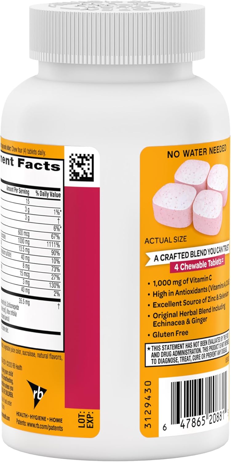 Immune Support Chewable Tablets with 1000mg Vitamin C, Vitamin D, and Zinc - Very Berry Flavor, 116 Tablets