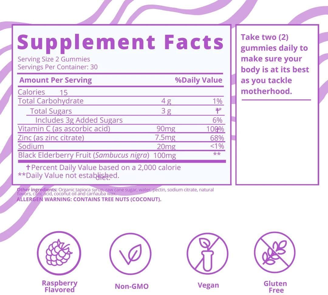 Immune Support Elderberry Gummies for Moms with Zinc & Vitamin C - Vegan, Gluten Free (60 Pieces)