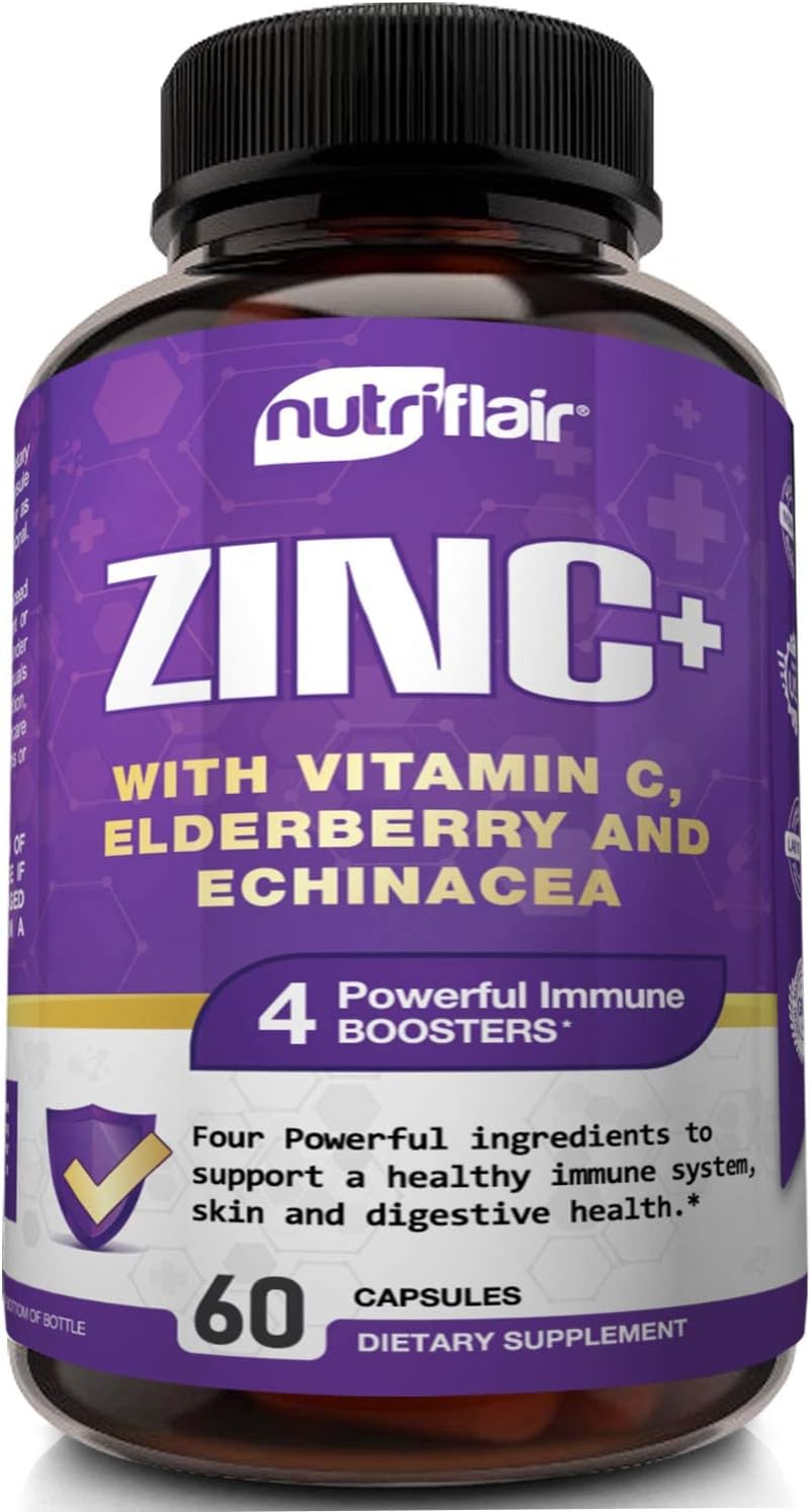 Immune Support Formula: NutriFlair Zinc 50mg with Vitamin C, Elderberry, Echinacea - Compare to Citrate, Oxide - 4 Immune Defense