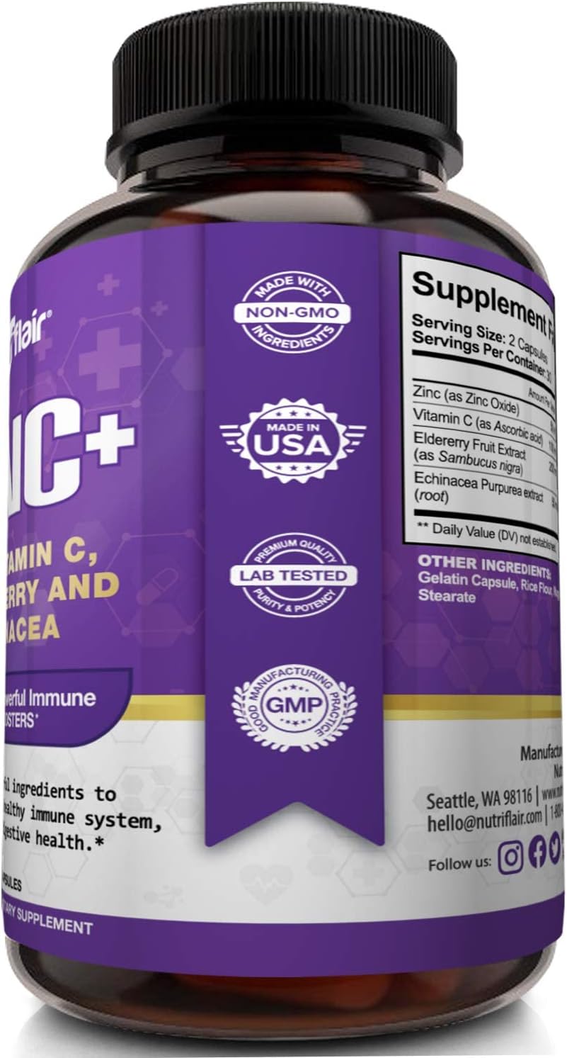 Immune Support Formula: NutriFlair Zinc 50mg with Vitamin C, Elderberry, Echinacea - Compare to Citrate, Oxide - 4 Immune Defense