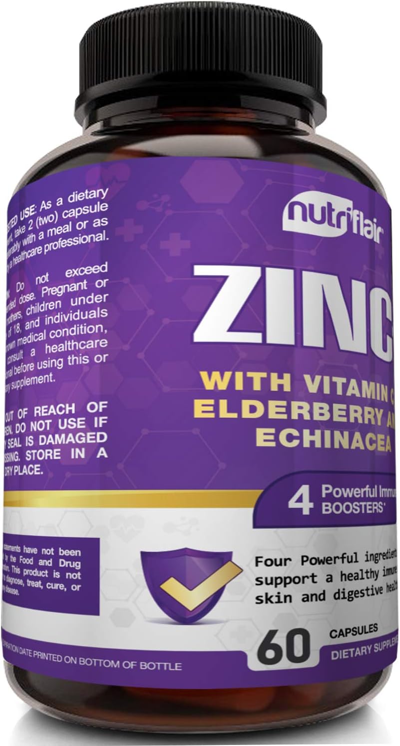 Immune Support Formula: NutriFlair Zinc 50mg with Vitamin C, Elderberry, Echinacea - Compare to Citrate, Oxide - 4 Immune Defense
