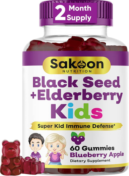 Immune Support Gummies for Kids with Elderberry, Black Seed Oil, Vitamin C & Zinc - Delicious Berry Flavor, 60 Gummies